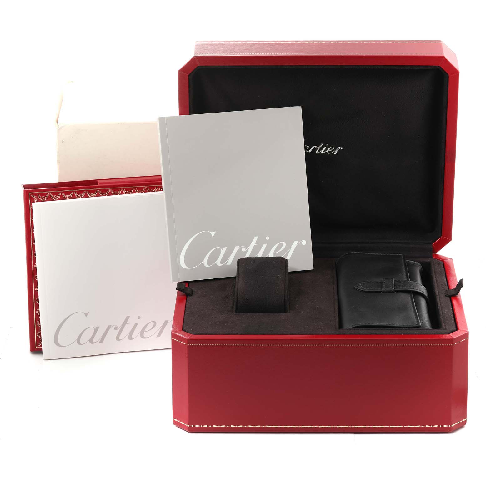 The image shows the packaging for a Cartier Roadster W62007X6 Men's Stainless Steel Black Dial W62007X6 Men's Stainless Steel Black Dial watch, including a red case, manuals, and a black leather pouch.