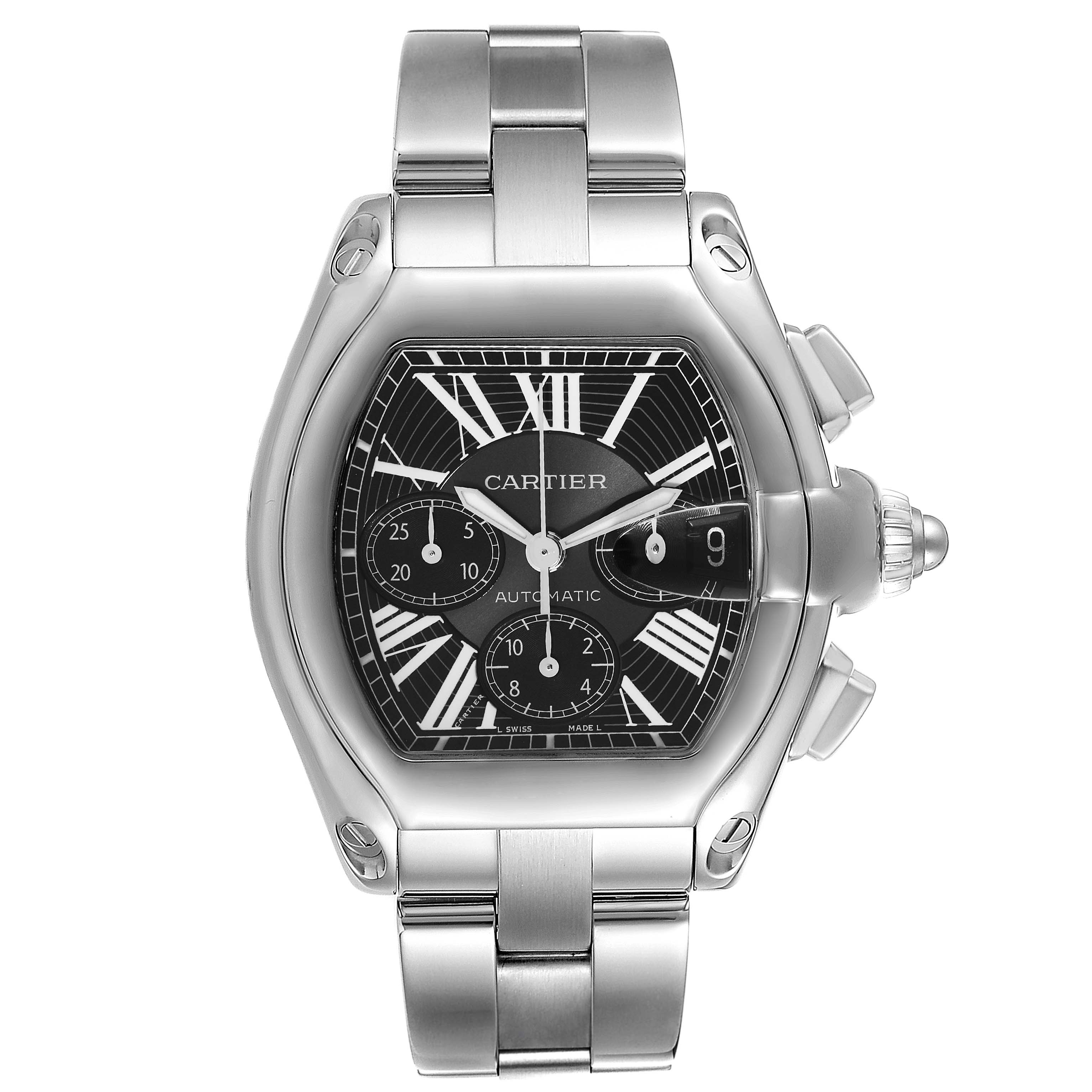 The image shows a front view of a Cartier Roadster W62007X6 Men's Stainless Steel Black Dial W62007X6 Men's Stainless Steel Black Dial watch displaying its face, bracelet, and crown.