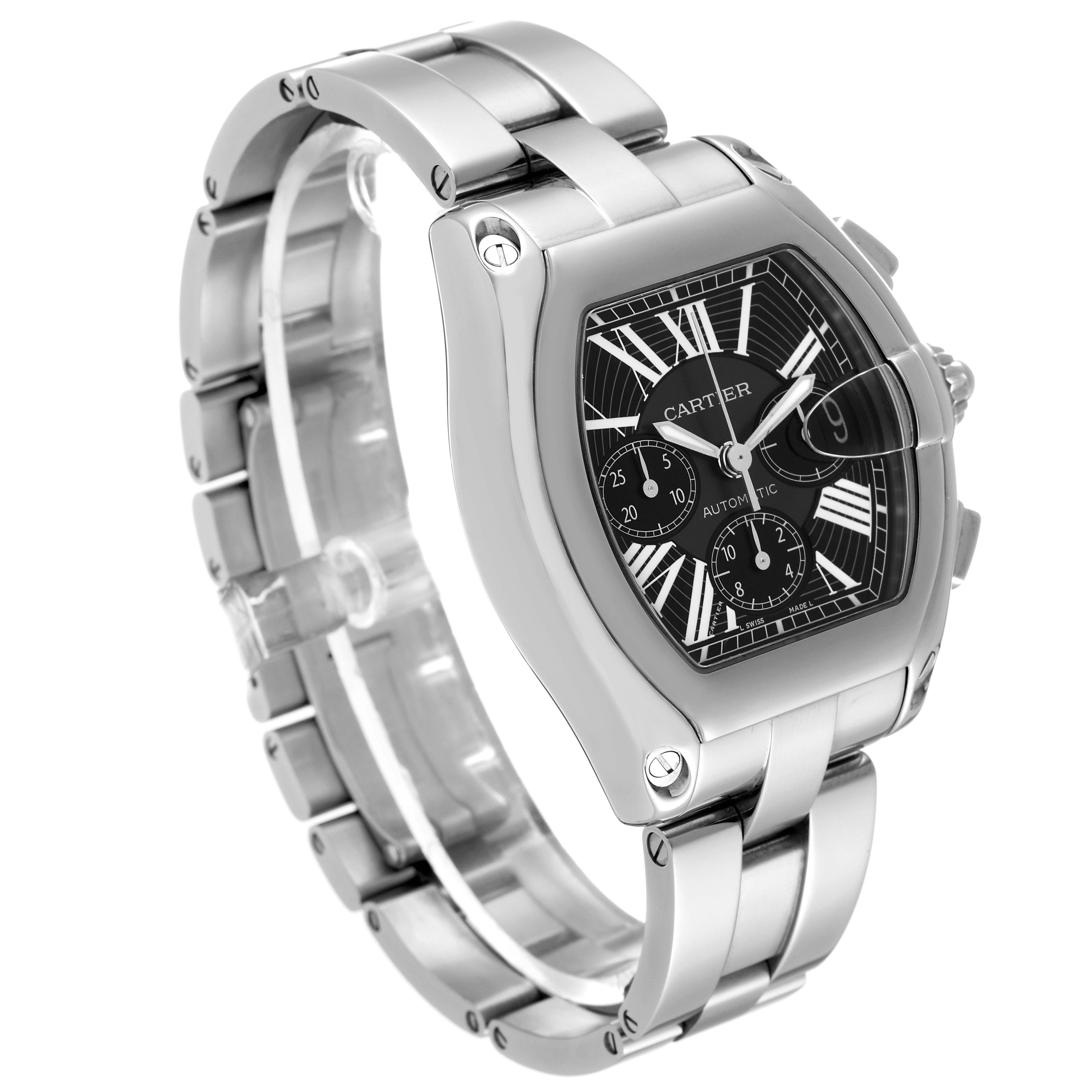 The Cartier Roadster W62007X6 Men's Stainless Steel Black Dial W62007X6 Men's Stainless Steel Black Dial watch is shown at a three-quarter angle, displaying its face, bezel, and stainless steel bracelet.