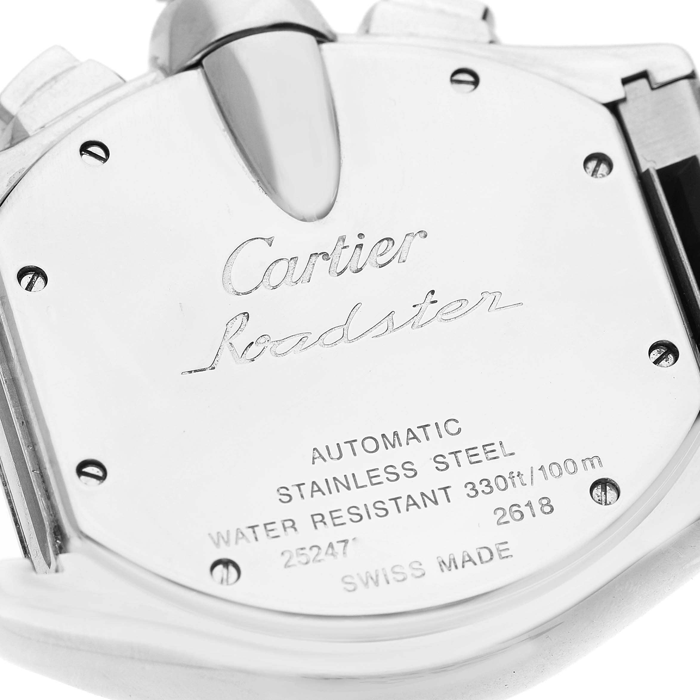The image shows the stainless steel back case of the Cartier Roadster W62007X6 Men's Stainless Steel Black Dial W62007X6 Men's Stainless Steel Black Dial watch, displaying the model name and specifications.