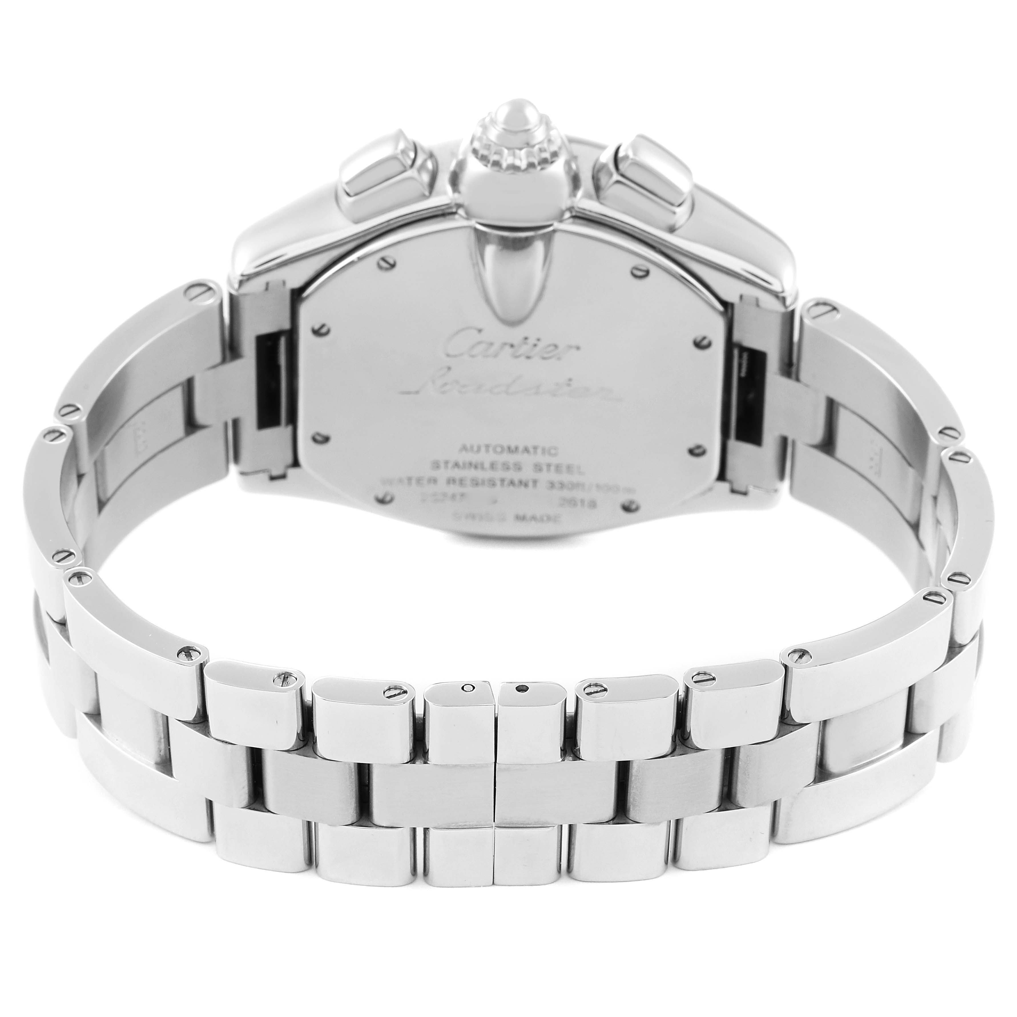 The image shows the back view and clasp of the Cartier Roadster W62007X6 Men's Stainless Steel Black Dial W62007X6 Men's Stainless Steel Black Dial watch, highlighting its stainless steel bracelet and case back.