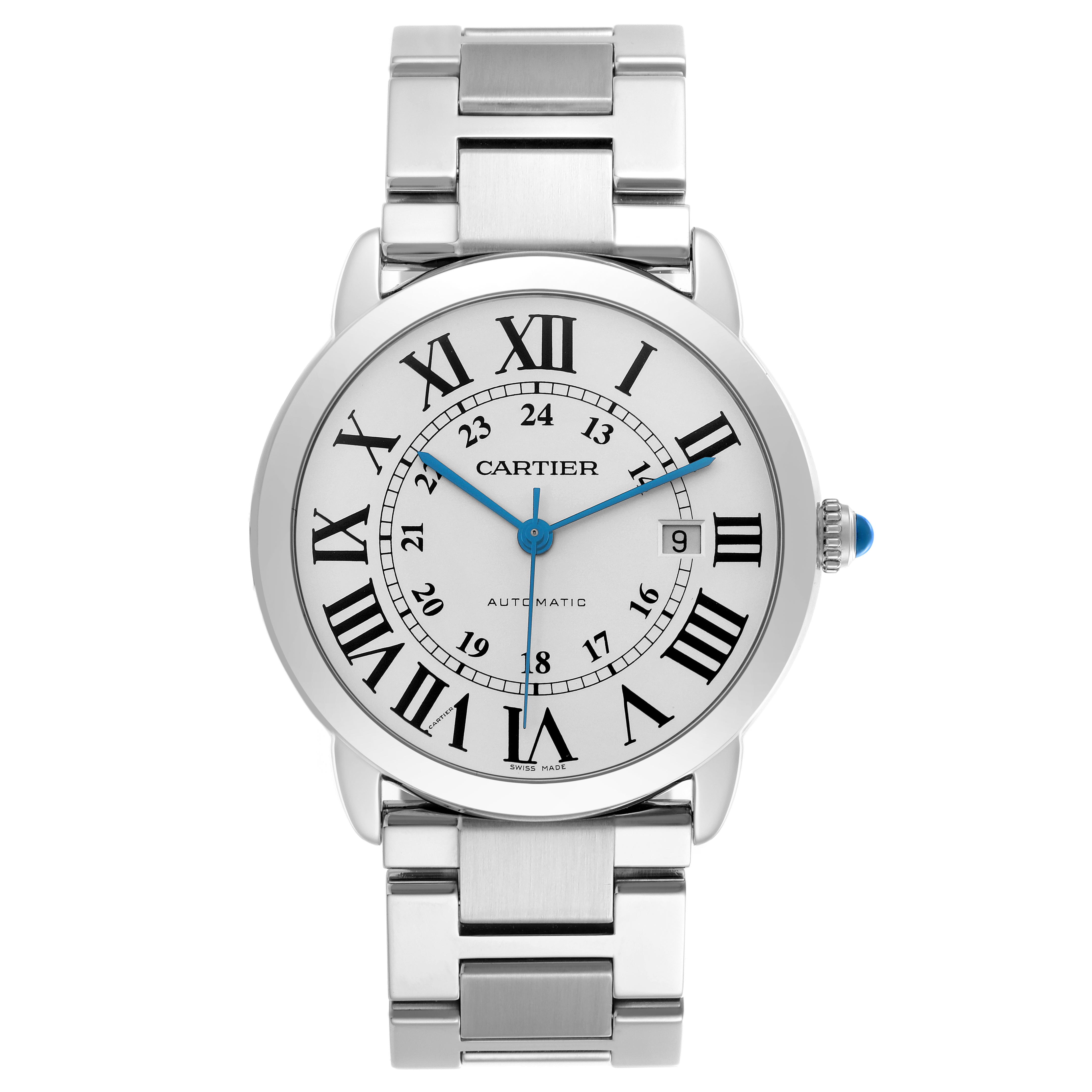 The Cartier Ronde W6701011 Men
s Stainless Steel Silver Dial W6701011 Men
s Stainless Steel Silver Dial watch is shown from the front, displaying its dial, bracelet, and crown.