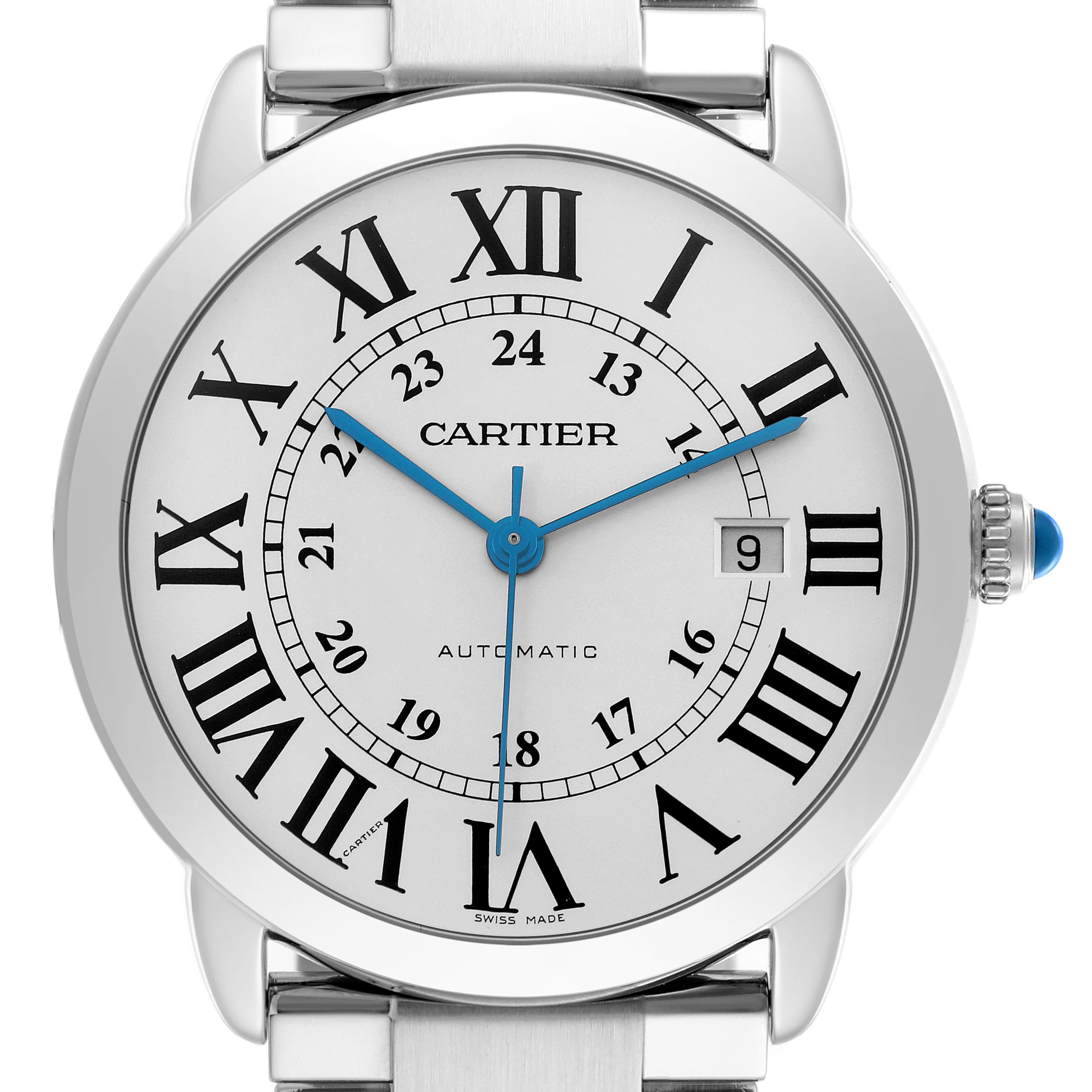 The Cartier Ronde W6701011 Men
s Stainless Steel Silver Dial W6701011 Men
s Stainless Steel Silver Dial watch is shown from the front, displaying the dial, Roman numerals, blue hands, and crown.