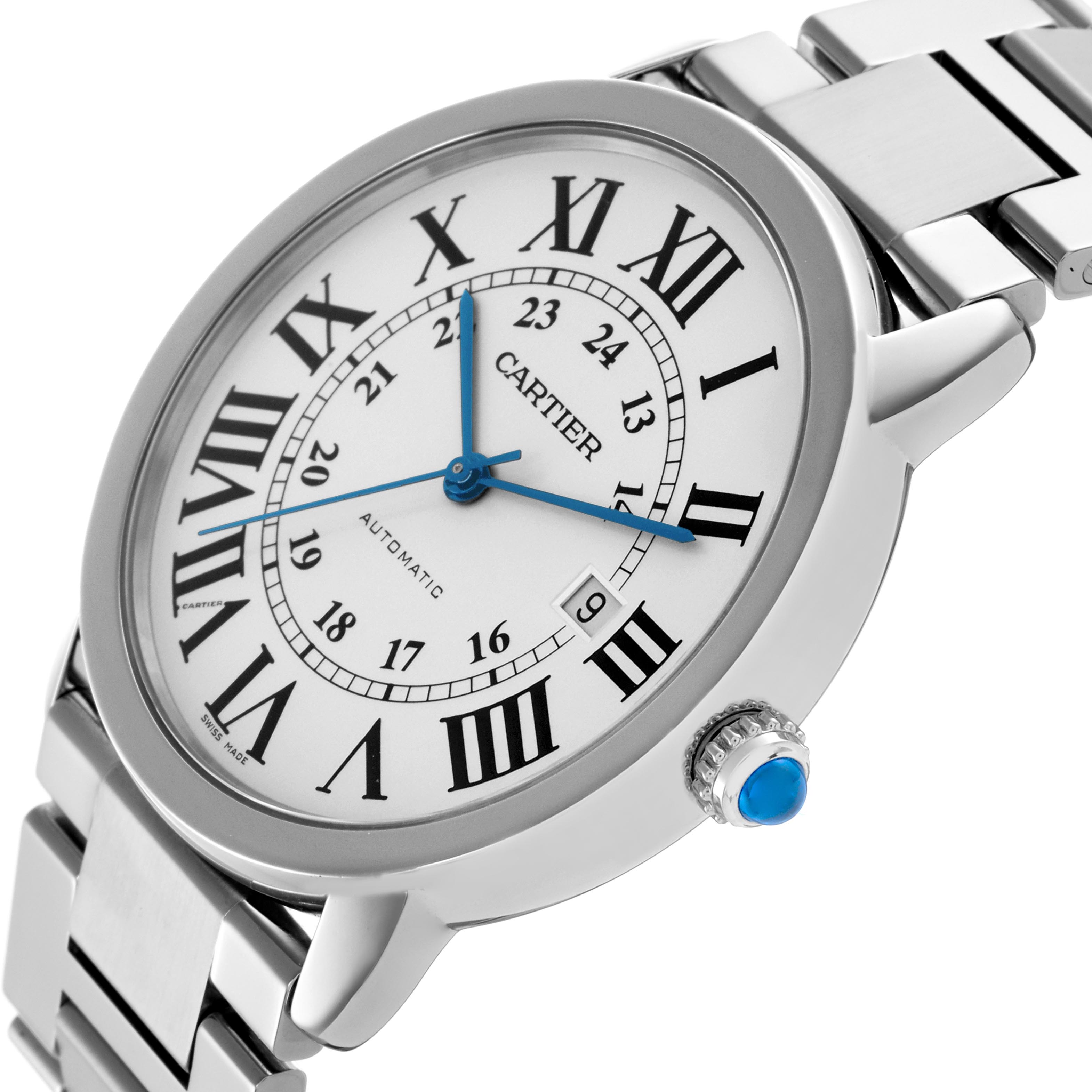 The Cartier Ronde W6701011 Men
s Stainless Steel Silver Dial W6701011 Men
s Stainless Steel Silver Dial watch is shown at a slight angle, displaying the face, silver bezel, metallic band, and blue-accented crown.