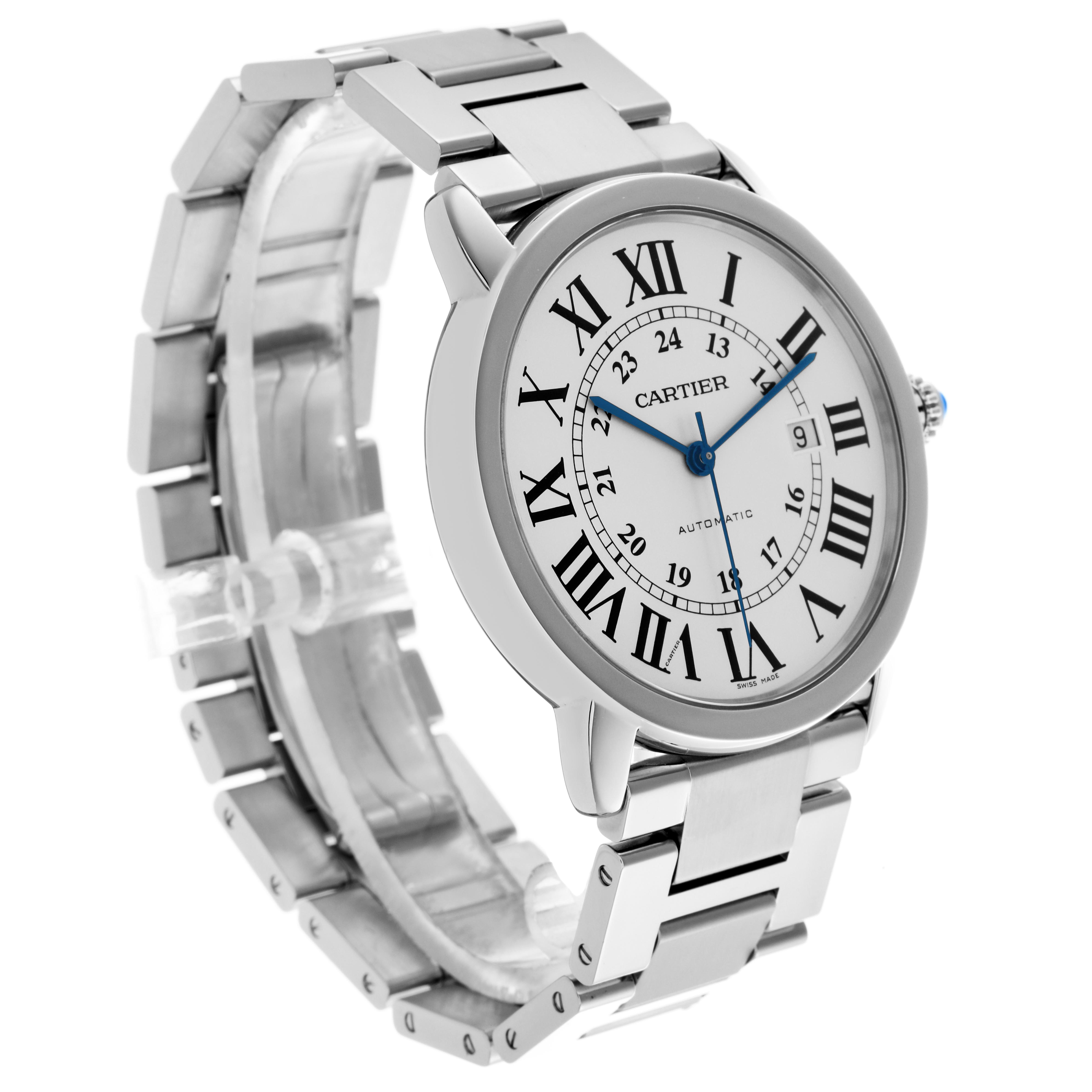 The Cartier Ronde W6701011 Men
s Stainless Steel Silver Dial W6701011 Men
s Stainless Steel Silver Dial watch is shown at a slight angle, displaying the face, Roman numerals, and metal bracelet.