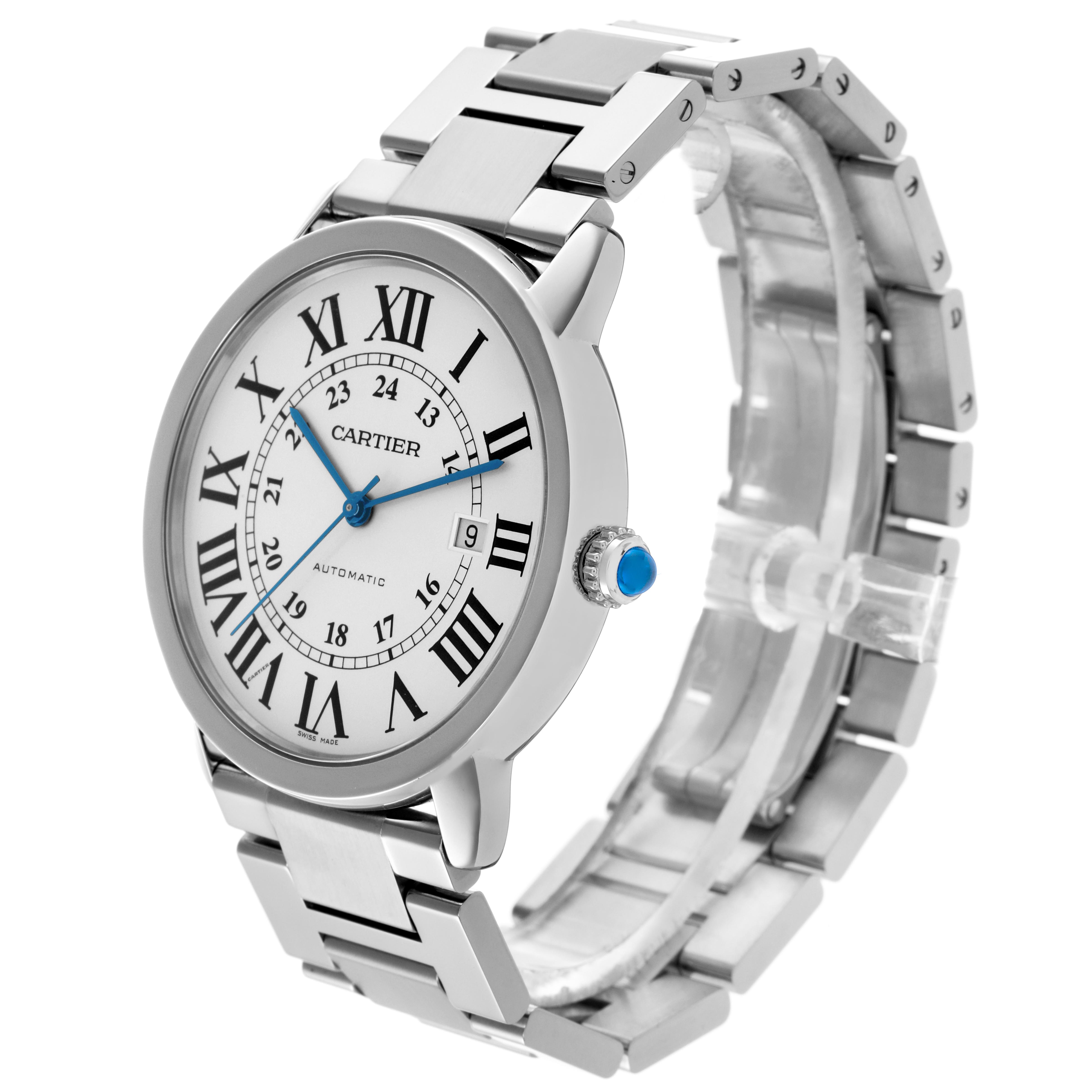 The Cartier Ronde W6701011 Men
s Stainless Steel Silver Dial W6701011 Men
s Stainless Steel Silver Dial watch is shown at a slight side angle, displaying the bezel, bracelet, crown, and dial with Roman numerals.