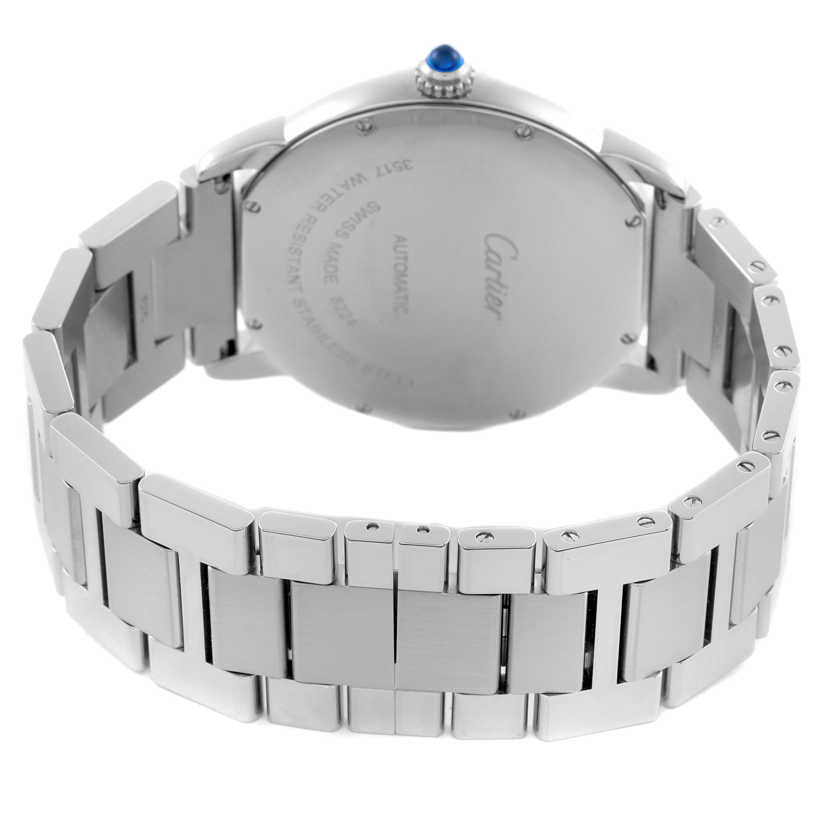 The image shows the back of the Cartier Ronde W6701011 Men
s Stainless Steel Silver Dial W6701011 Men
s Stainless Steel Silver Dial watch, highlighting the case back and metal bracelet links.