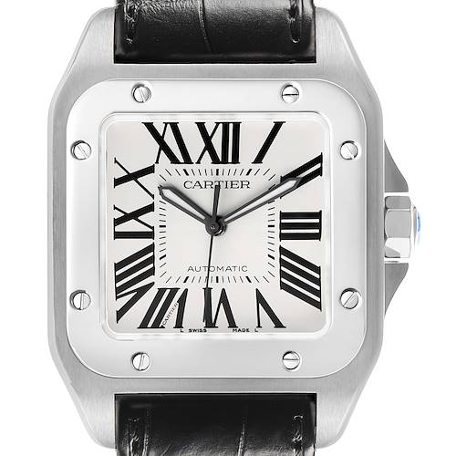 The Cartier Santos W20073X8 Women's Stainless Steel Silver Dial watch is shown from the front, highlighting its square face, Roman numerals, bezel, and leather strap.
