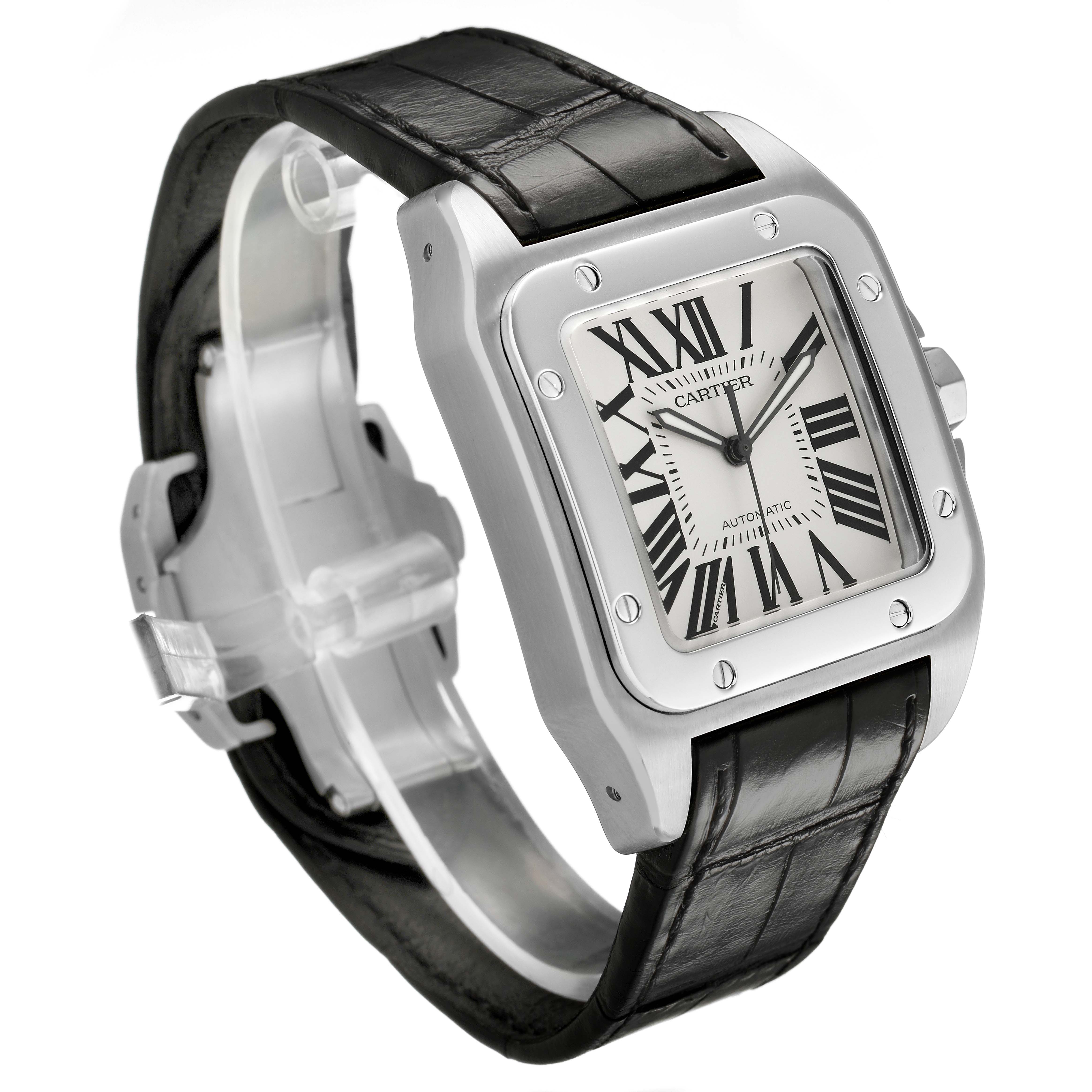 The image shows a Cartier Santos W20073X8 Women's Stainless Steel Silver Dial watch at a three-quarter angle, featuring its face, bezel, and leather strap.