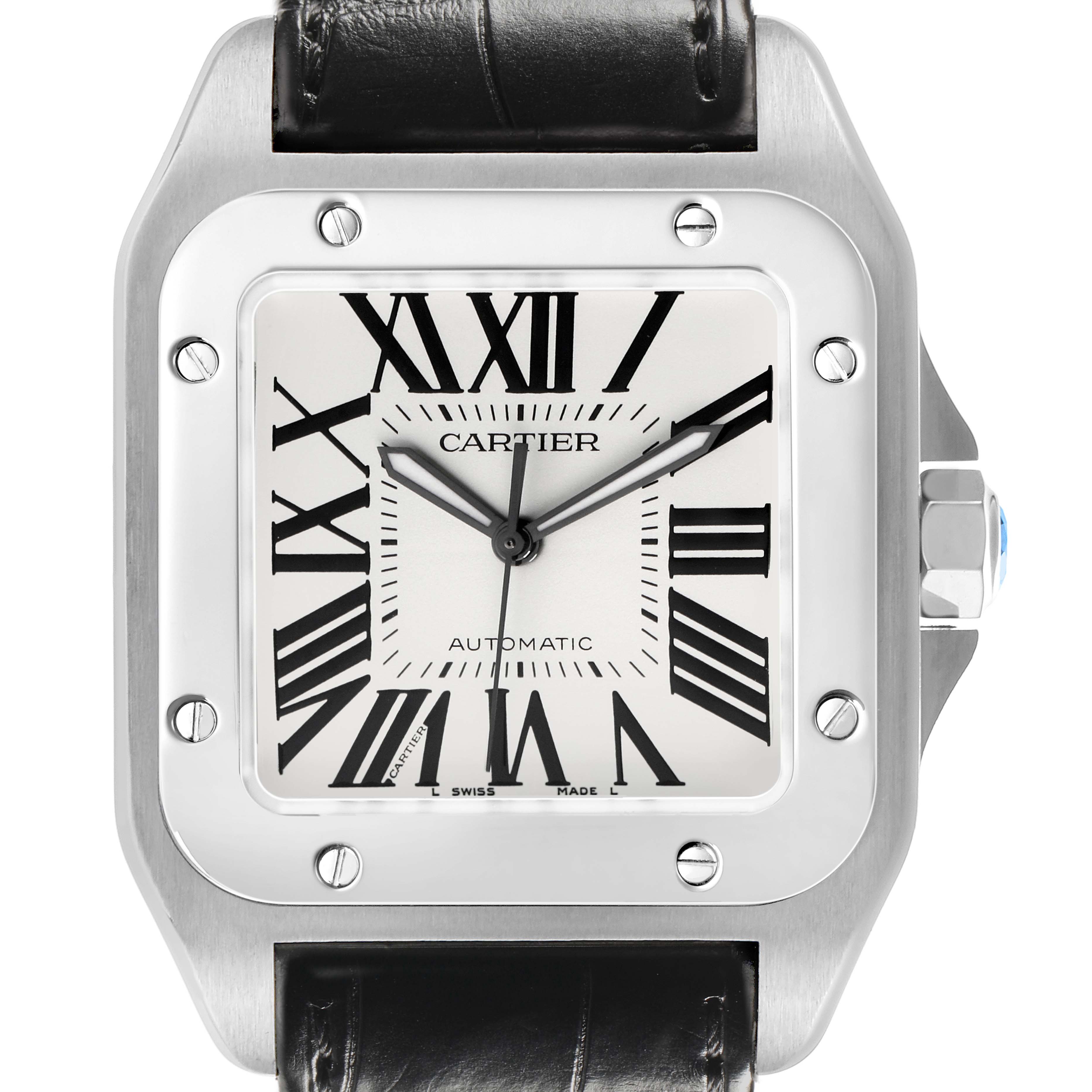 The image shows a front view of the Cartier Santos W20073X8 Women's Stainless Steel Silver Dial watch, highlighting the square face, Roman numerals, bezel, and black leather strap.