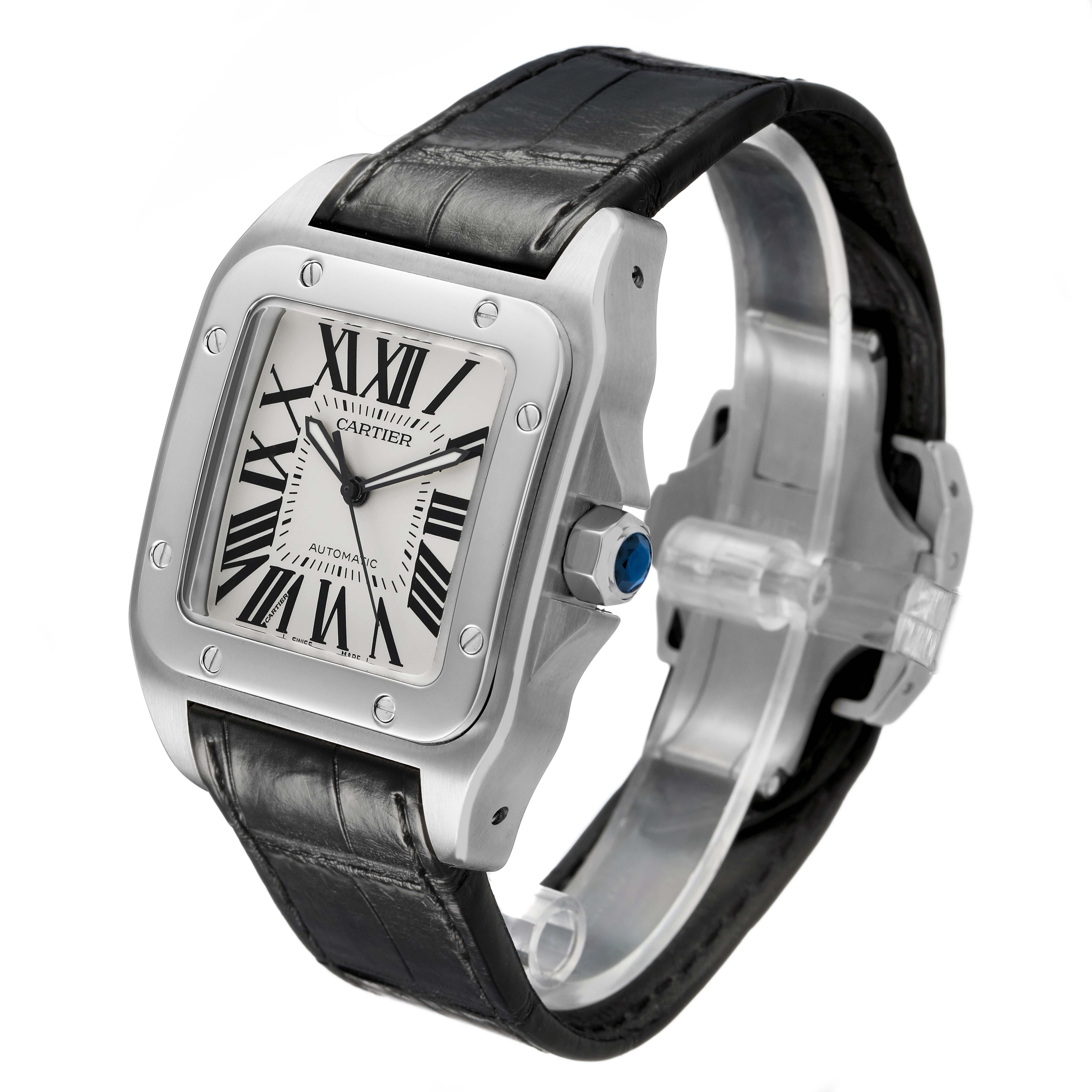 The Cartier Santos W20073X8 Women's Stainless Steel Silver Dial watch is shown at an angled front view, highlighting the face, bezel, and leather strap.