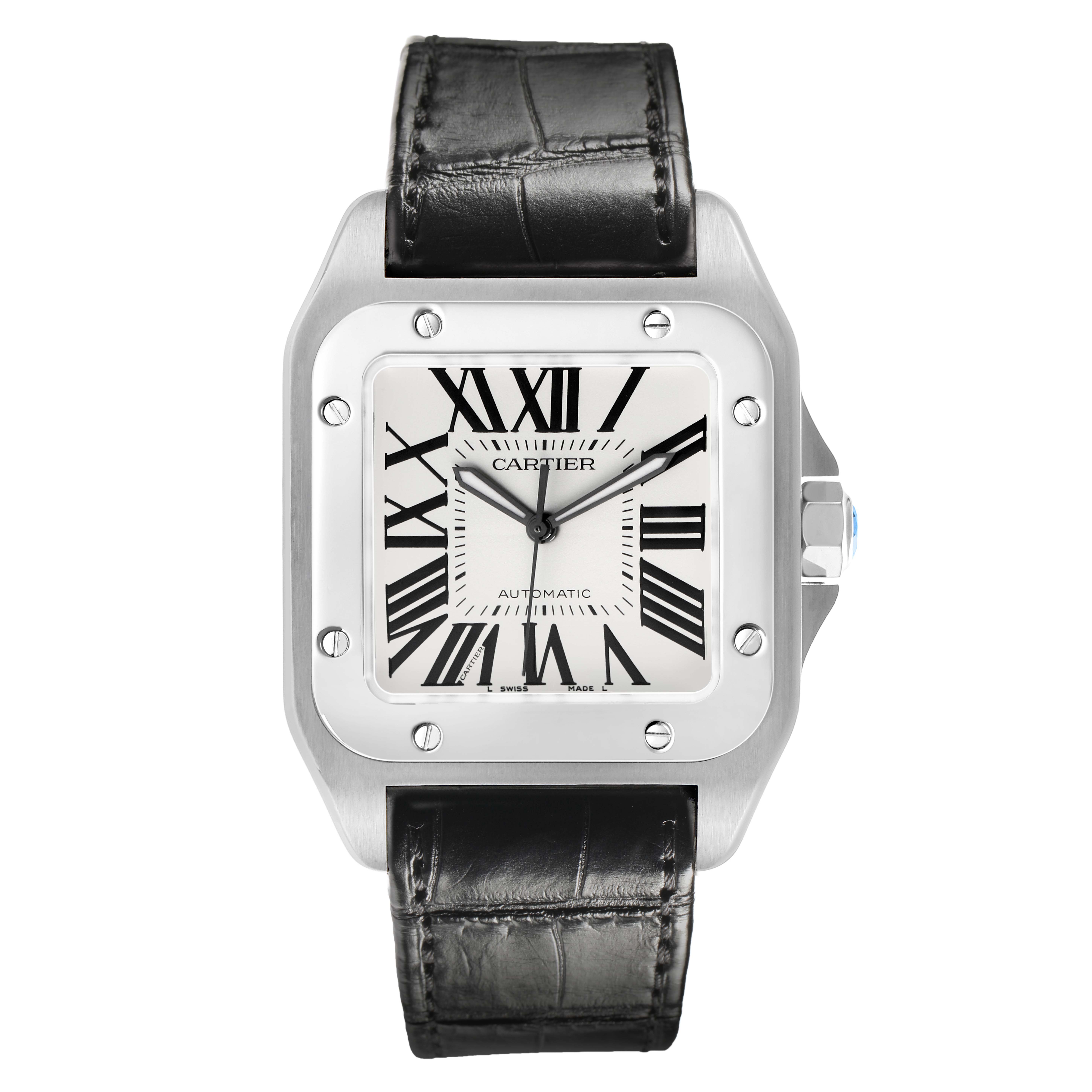 The Cartier Santos W20073X8 Women's Stainless Steel Silver Dial watch is shown from a front angle, highlighting its square face, Roman numerals, and black leather strap.
