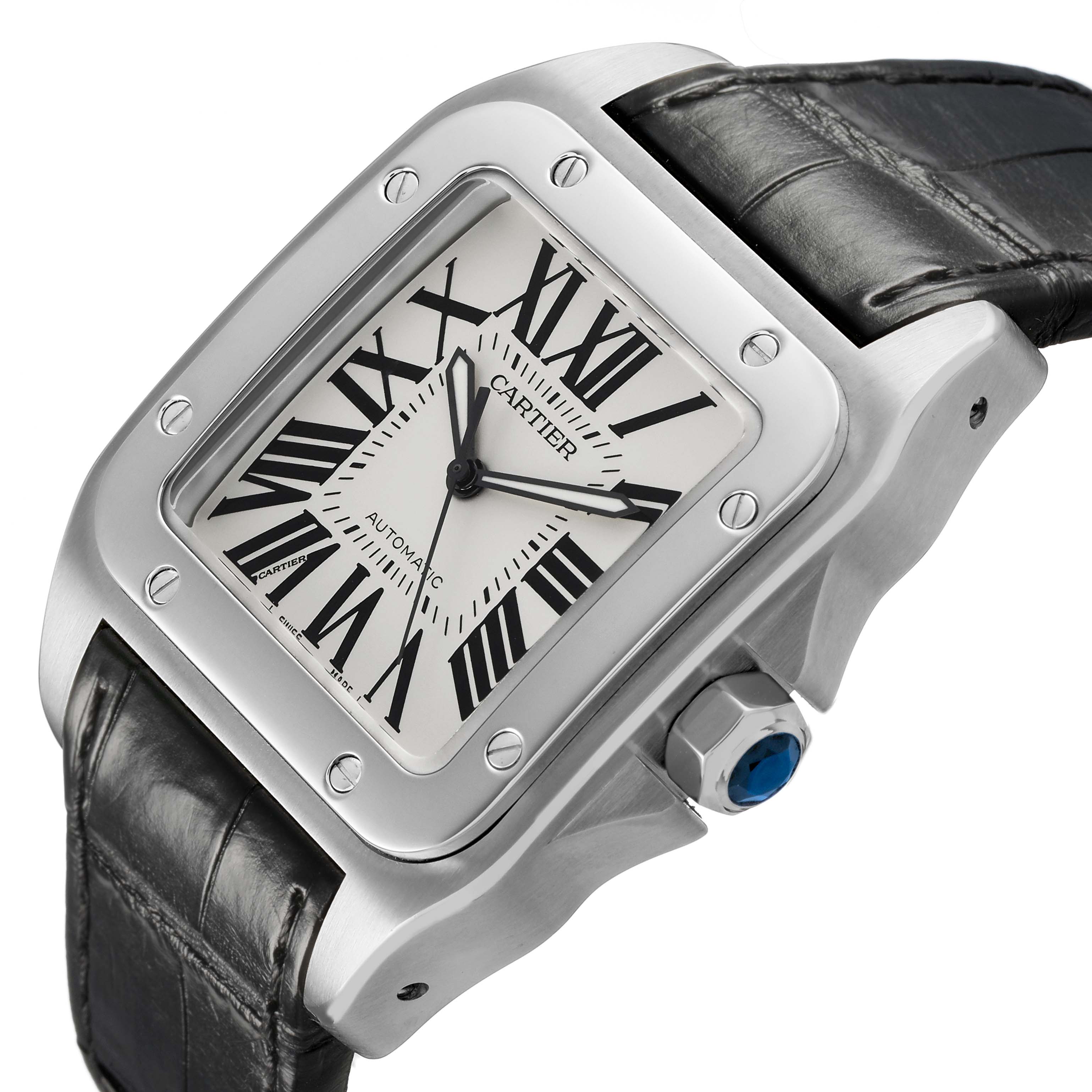 The Cartier Santos W20073X8 Women's Stainless Steel Silver Dial watch is shown at an angle displaying the face, bezel, crown, and part of the strap.