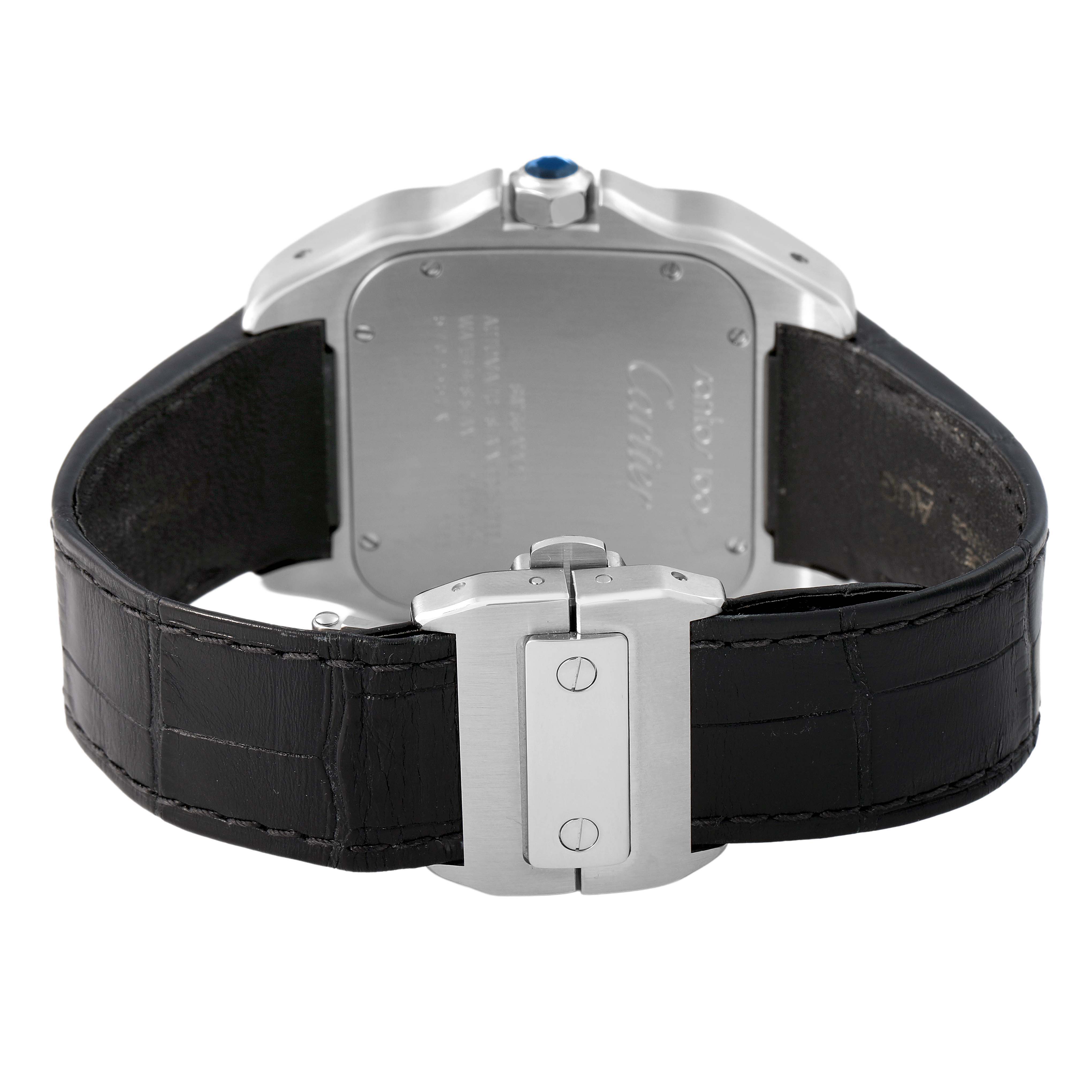 The image shows the back of a Cartier Santos W20073X8 Women's Stainless Steel Silver Dial watch, featuring the case back and black leather strap with a deployment clasp.
