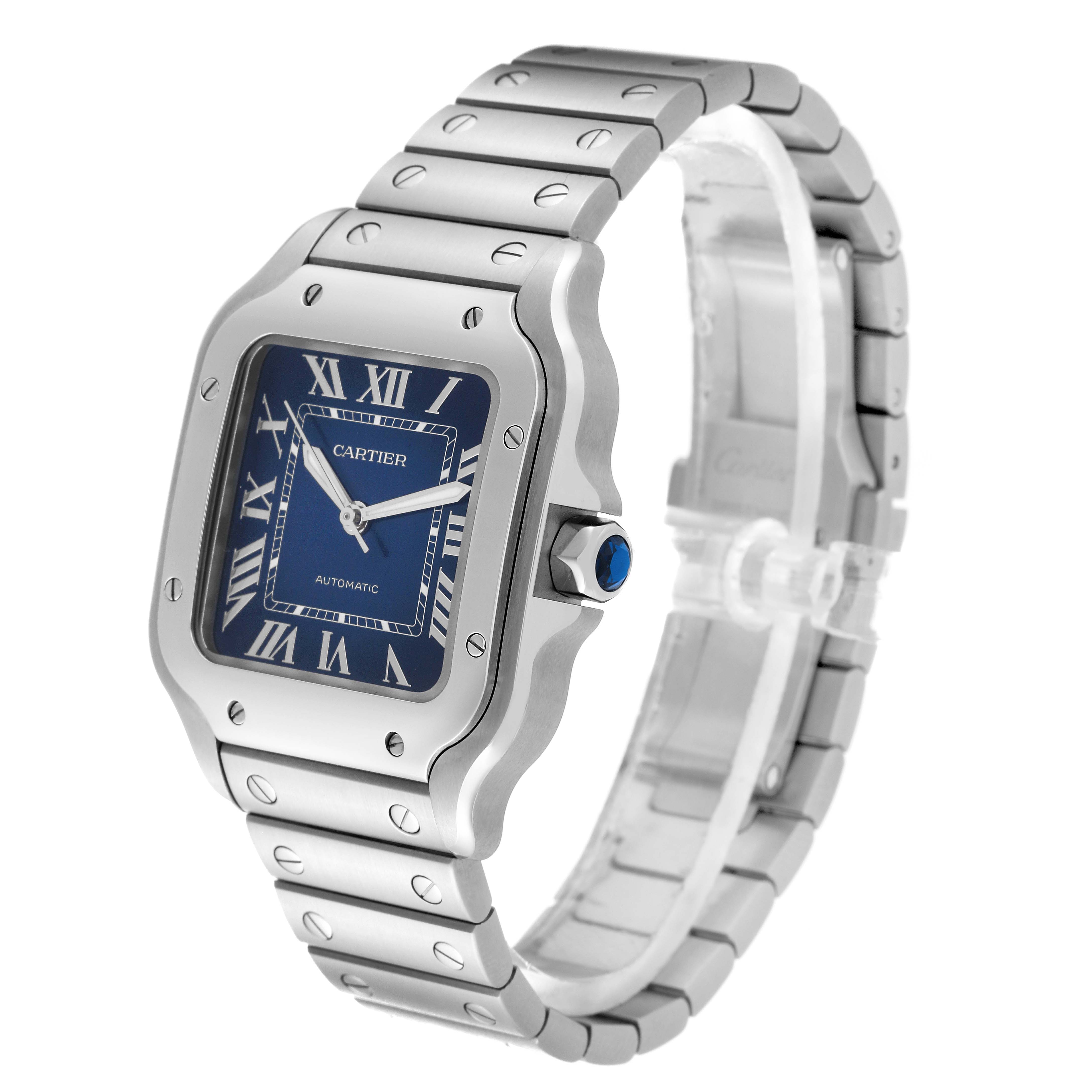The image displays a right-side angle view of a Cartier Santos WSSA0063 Men's Stainless Steel Blue Dial WSSA0063 Men's Stainless Steel Blue Dial watch, showing its face, bezel, crown, and metal bracelet.