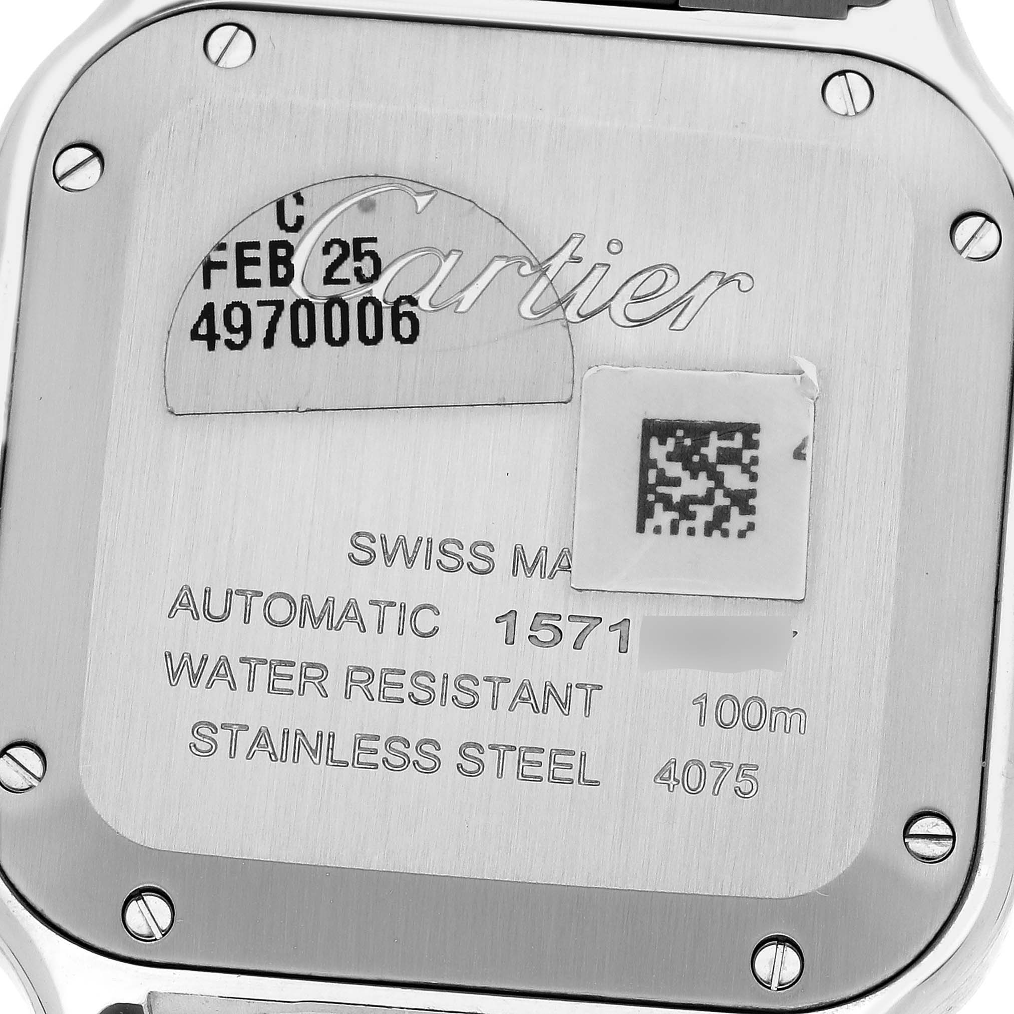 The image shows the back case of a Cartier Santos WSSA0063 Men's Stainless Steel Blue Dial WSSA0063 Men's Stainless Steel Blue Dial model watch, featuring the brand's name and specifications.