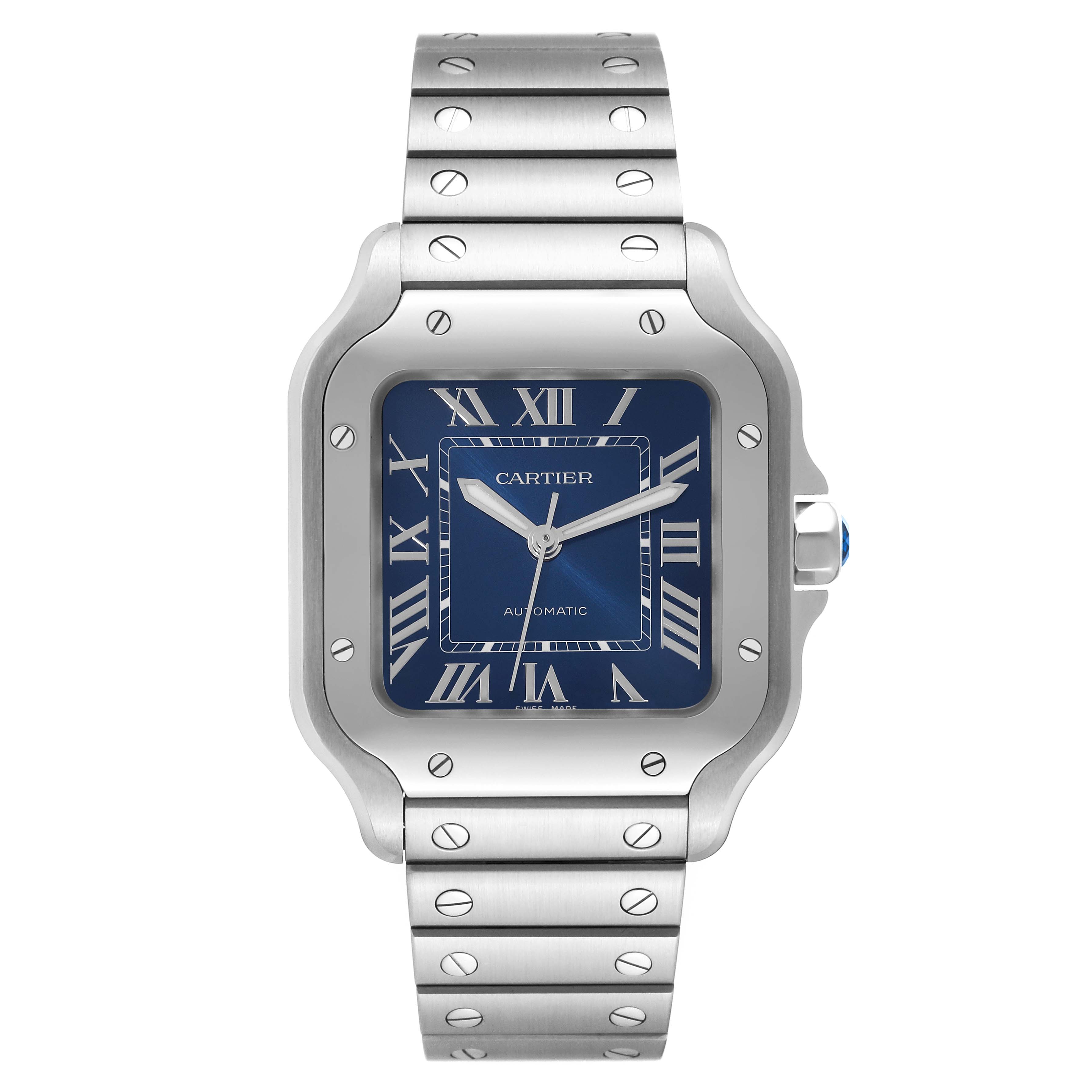The image shows a Cartier Santos WSSA0063 Men's Stainless Steel Blue Dial WSSA0063 Men's Stainless Steel Blue Dial watch from the front, displaying the dial, bezel, crown, and part of the bracelet.