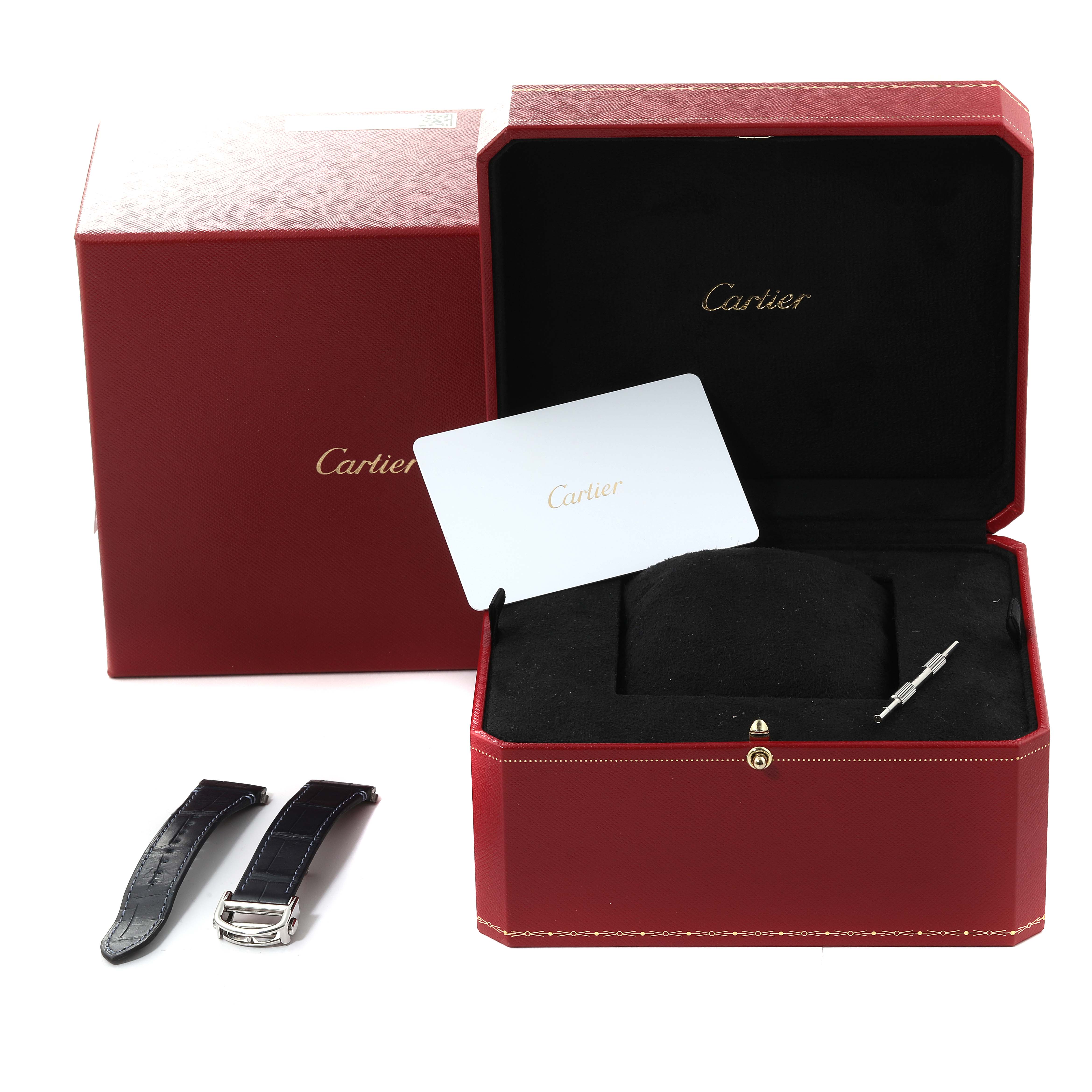 The image shows the box, additional straps, and an accessory tool for the Cartier Santos WSSA0063 Men's Stainless Steel Blue Dial WSSA0063 Men's Stainless Steel Blue Dial watch model.