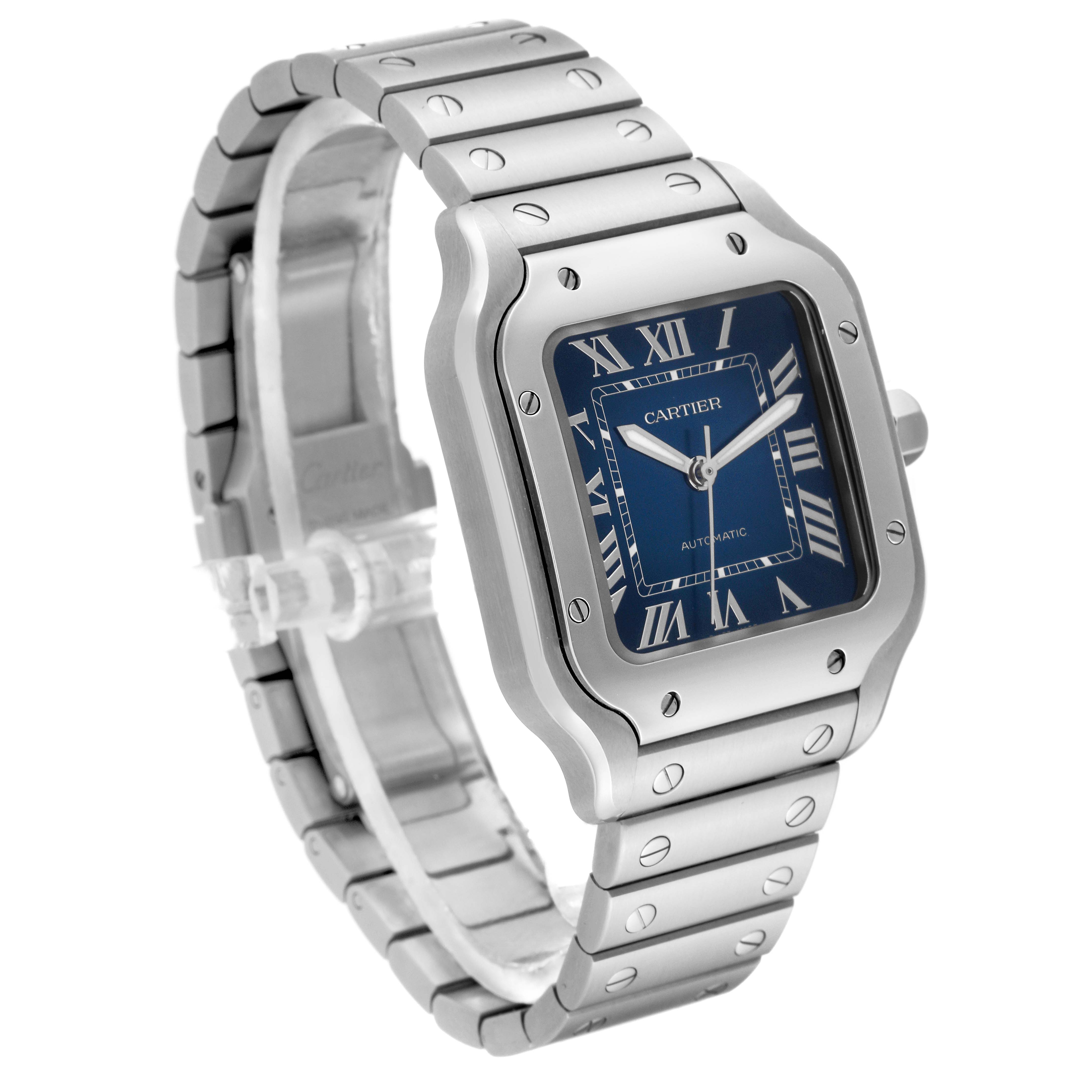 The image shows a Cartier Santos WSSA0063 Men's Stainless Steel Blue Dial WSSA0063 Men's Stainless Steel Blue Dial watch at a three-quarter angle, highlighting its blue dial and stainless steel bracelet.