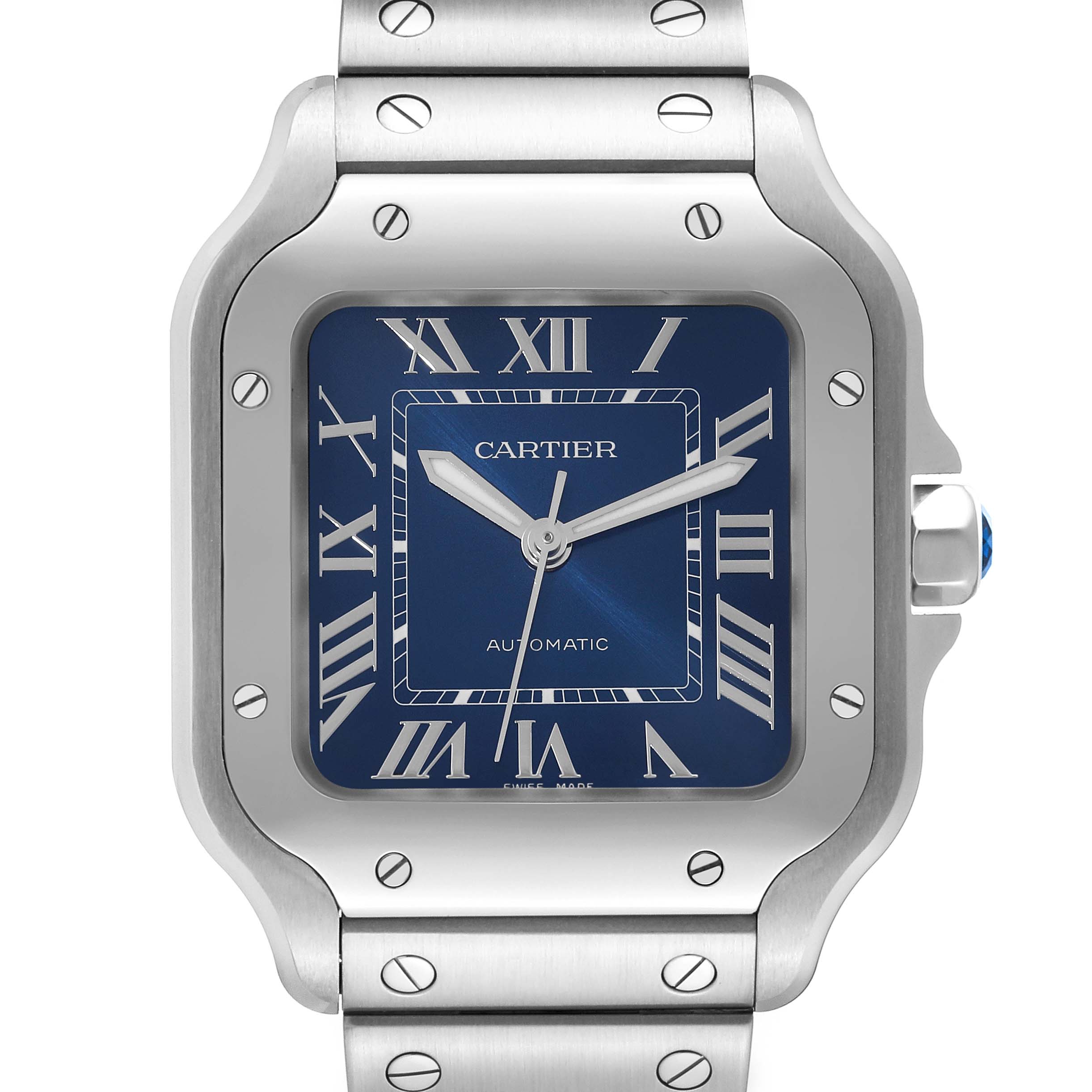 Front view of the Cartier Santos WSSA0063 Men's Stainless Steel Blue Dial WSSA0063 Men's Stainless Steel Blue Dial model watch showing the blue dial, Roman numeral markers, and part of the bracelet.