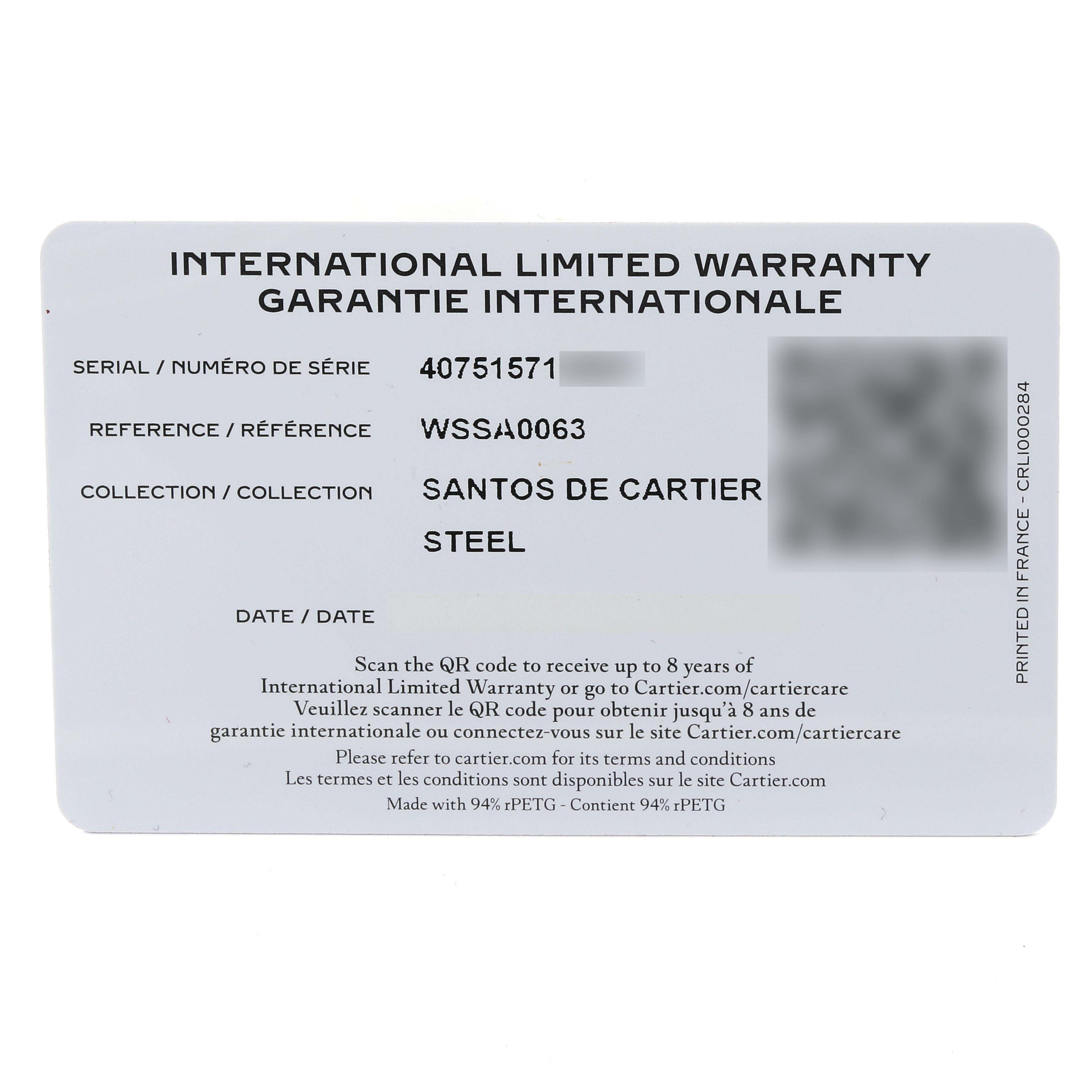 This is the international limited warranty card for the Santos de Cartier watch collection, highlighting model details and serial number.