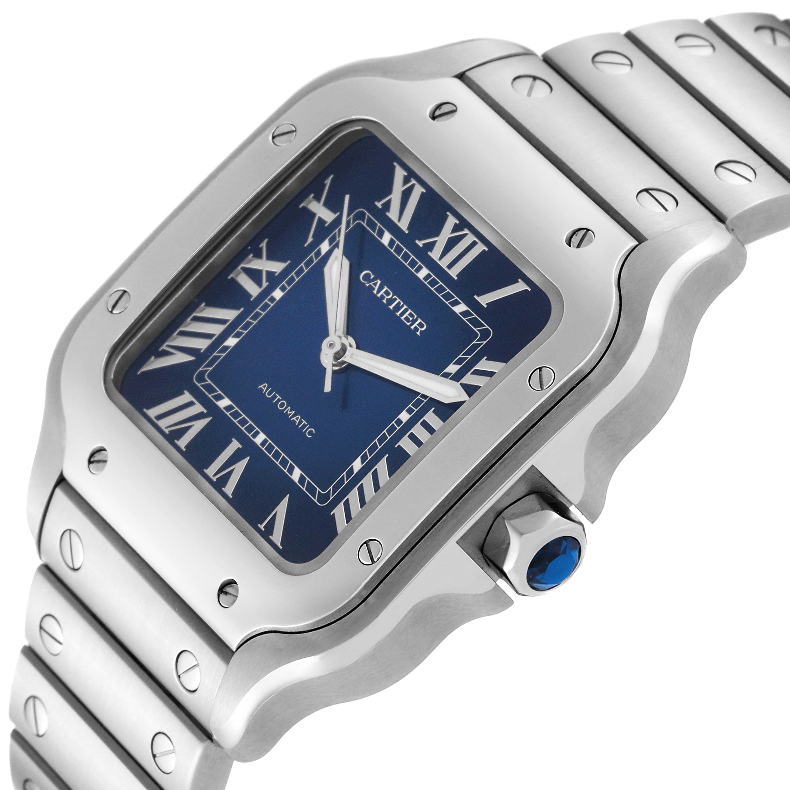 This image shows a close-up angled view of the Cartier Santos WSSA0063 Men's Stainless Steel Blue Dial WSSA0063 Men's Stainless Steel Blue Dial wristwatch, highlighting its face, crown, and part of the bracelet.