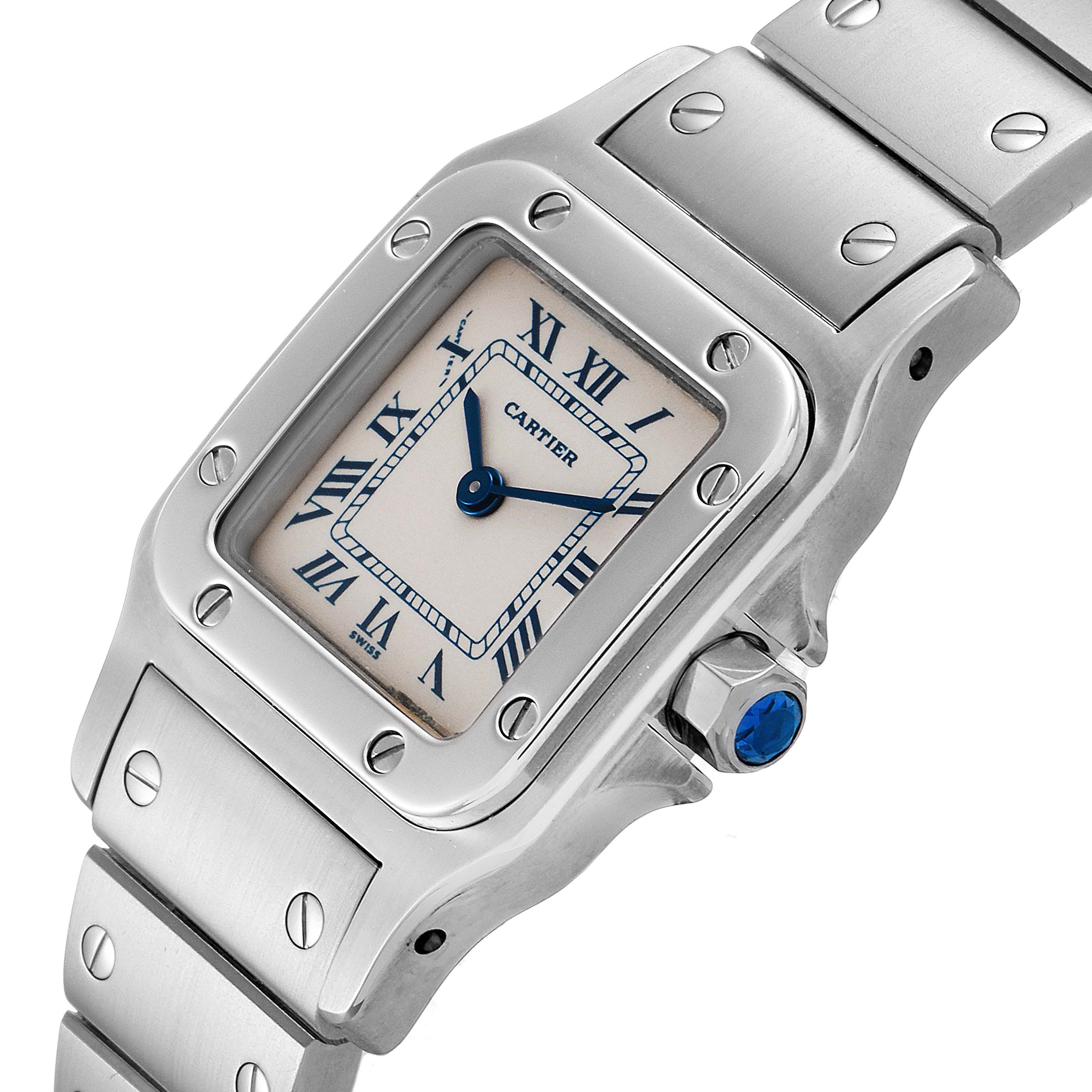 The image shows a close-up angled view of the face, bezel, and part of the bracelet of a Cartier Santos W20056D6 Women's Stainless Steel Silver Dial W20056D6 Women's Stainless Steel Silver Dial watch.