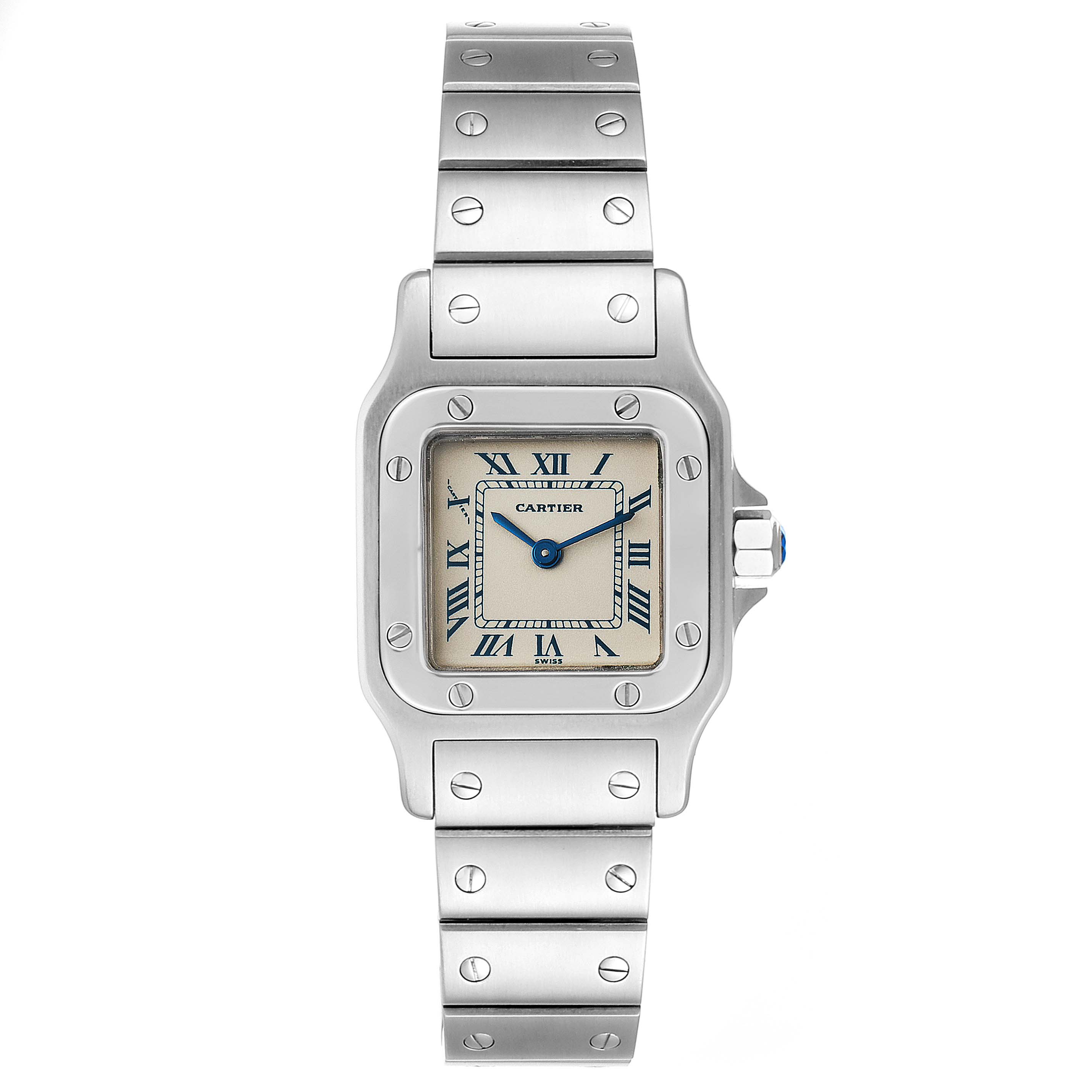 This image shows a front view of the Cartier Santos W20056D6 Women's Stainless Steel Silver Dial W20056D6 Women's Stainless Steel Silver Dial watch, highlighting its dial, bezel, and bracelet.