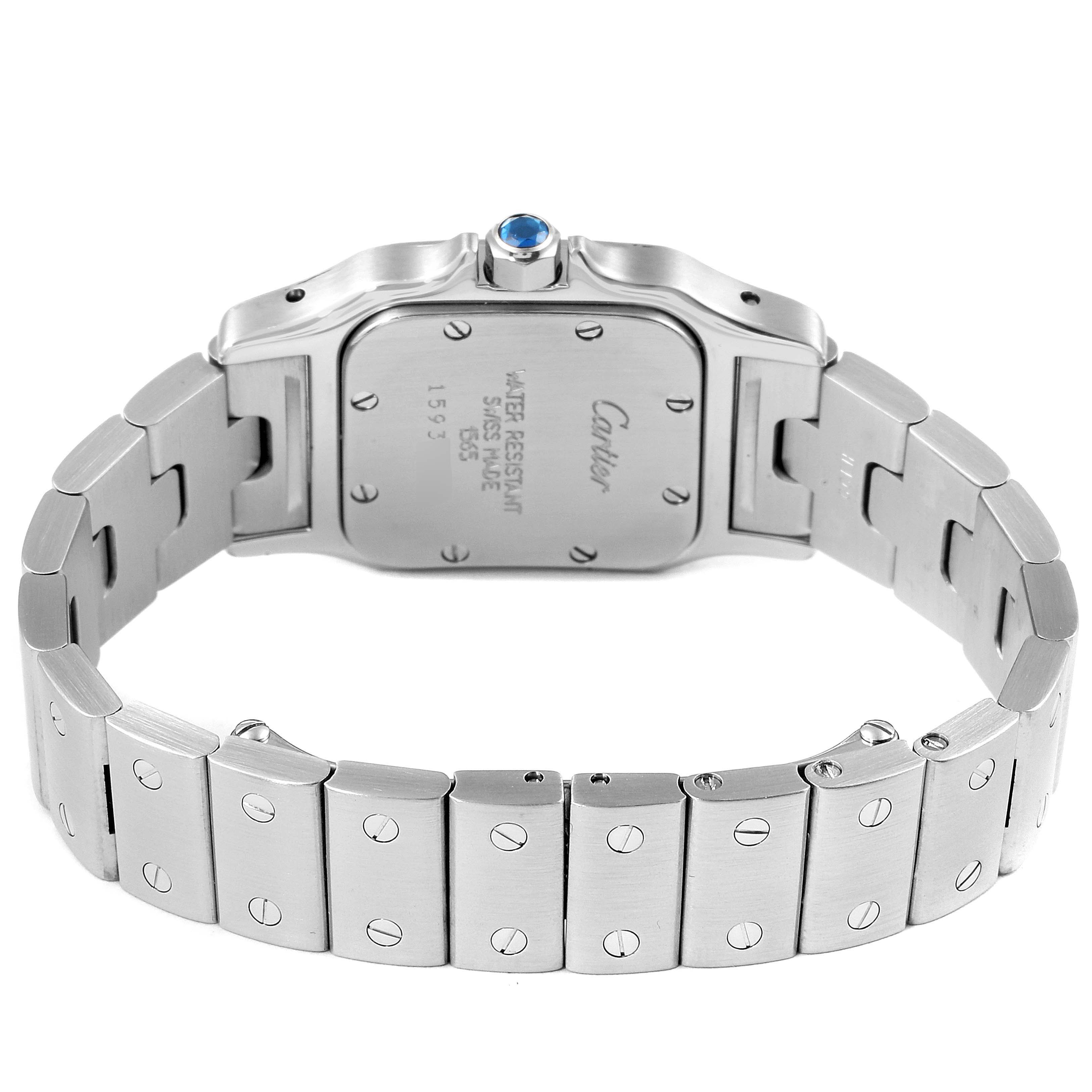 This image shows the back view of the Santos model watch by Cartier, highlighting the case back and bracelet.