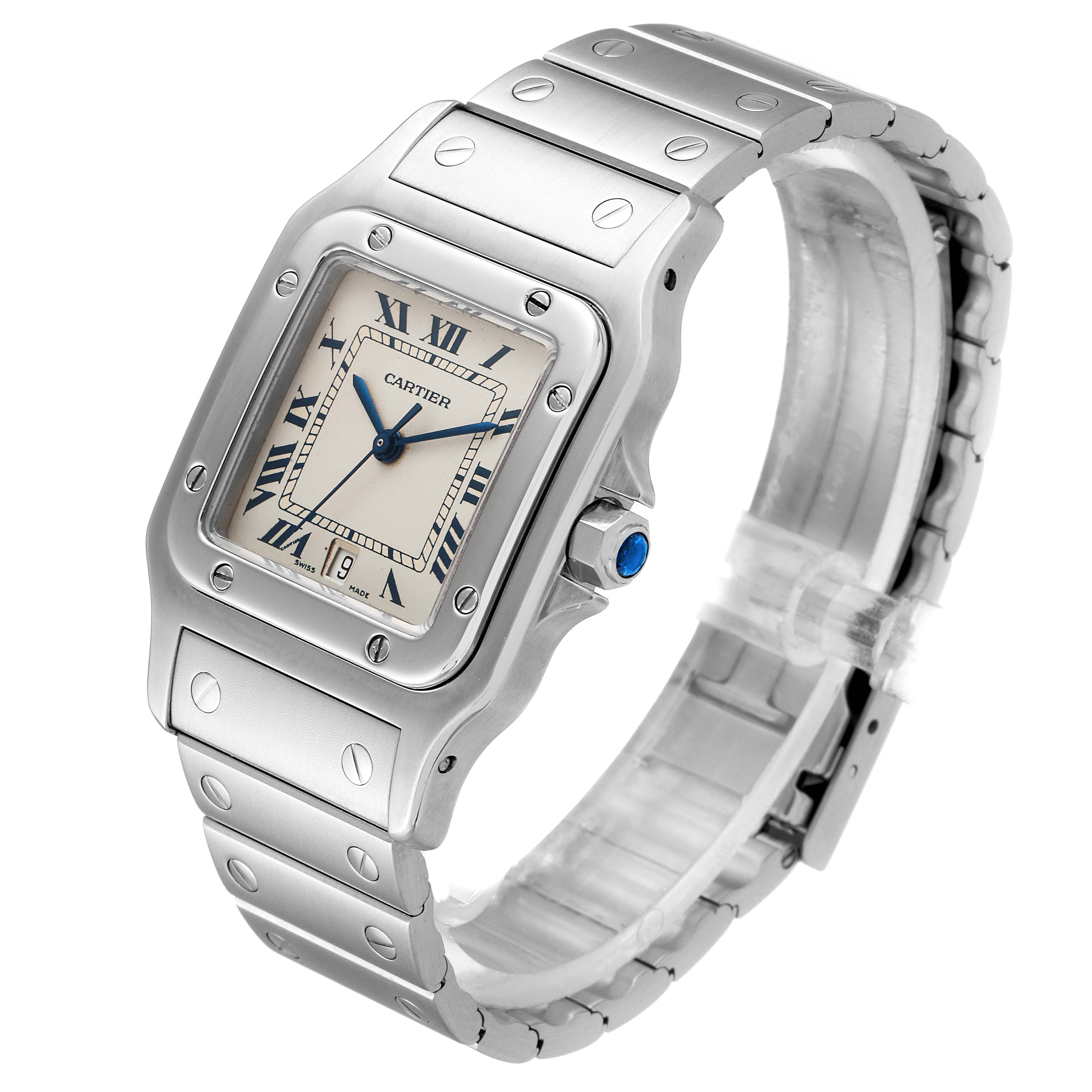 The image shows a Cartier Santos 987901 Men's Stainless Steel Silver Dial 987901 Men's Stainless Steel Silver Dial model watch from a three-quarter angle, highlighting the face, bezel, and bracelet.