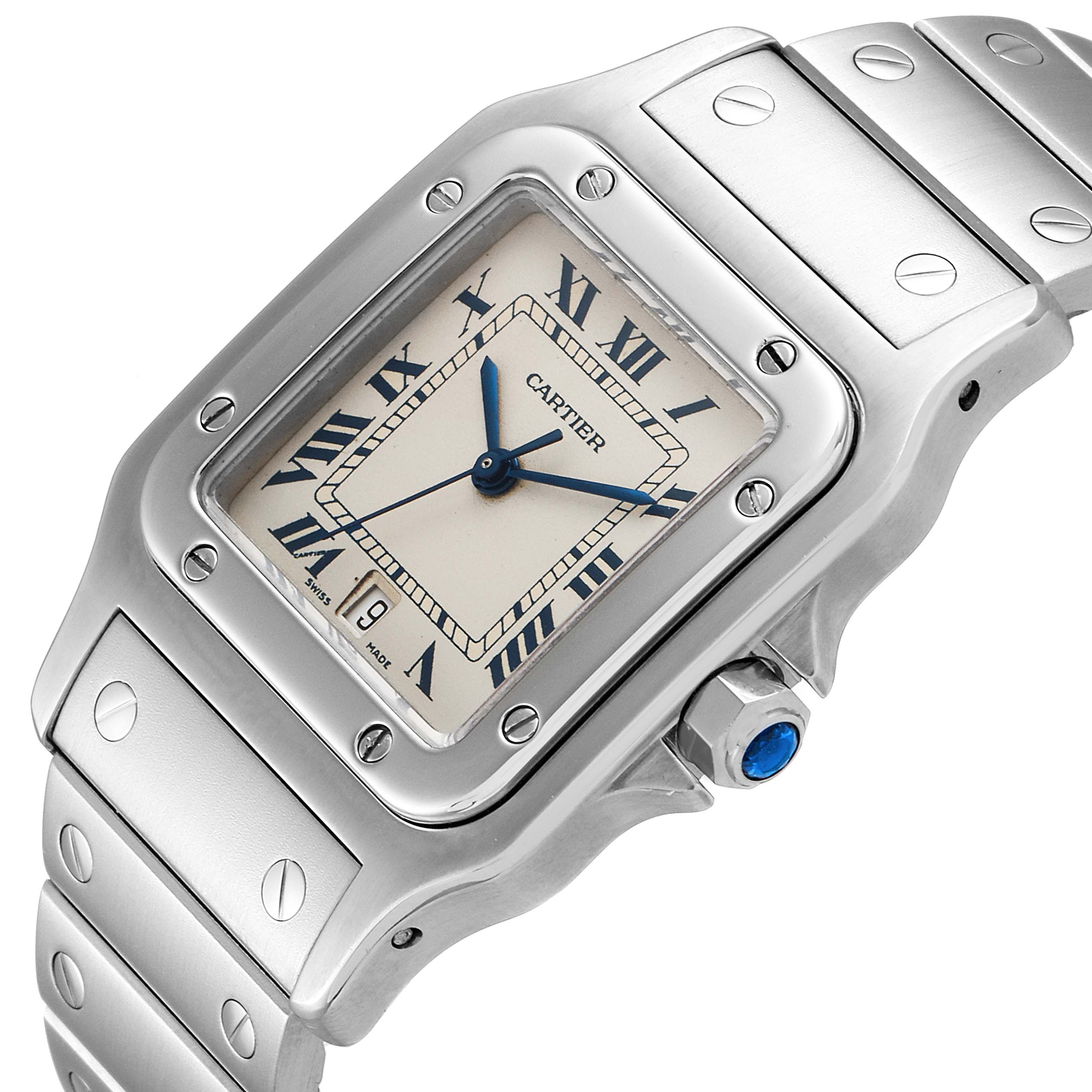 The image shows a close-up angle of a Cartier Santos 987901 Men's Stainless Steel Silver Dial 987901 Men's Stainless Steel Silver Dial watch's face and part of its metal bracelet.