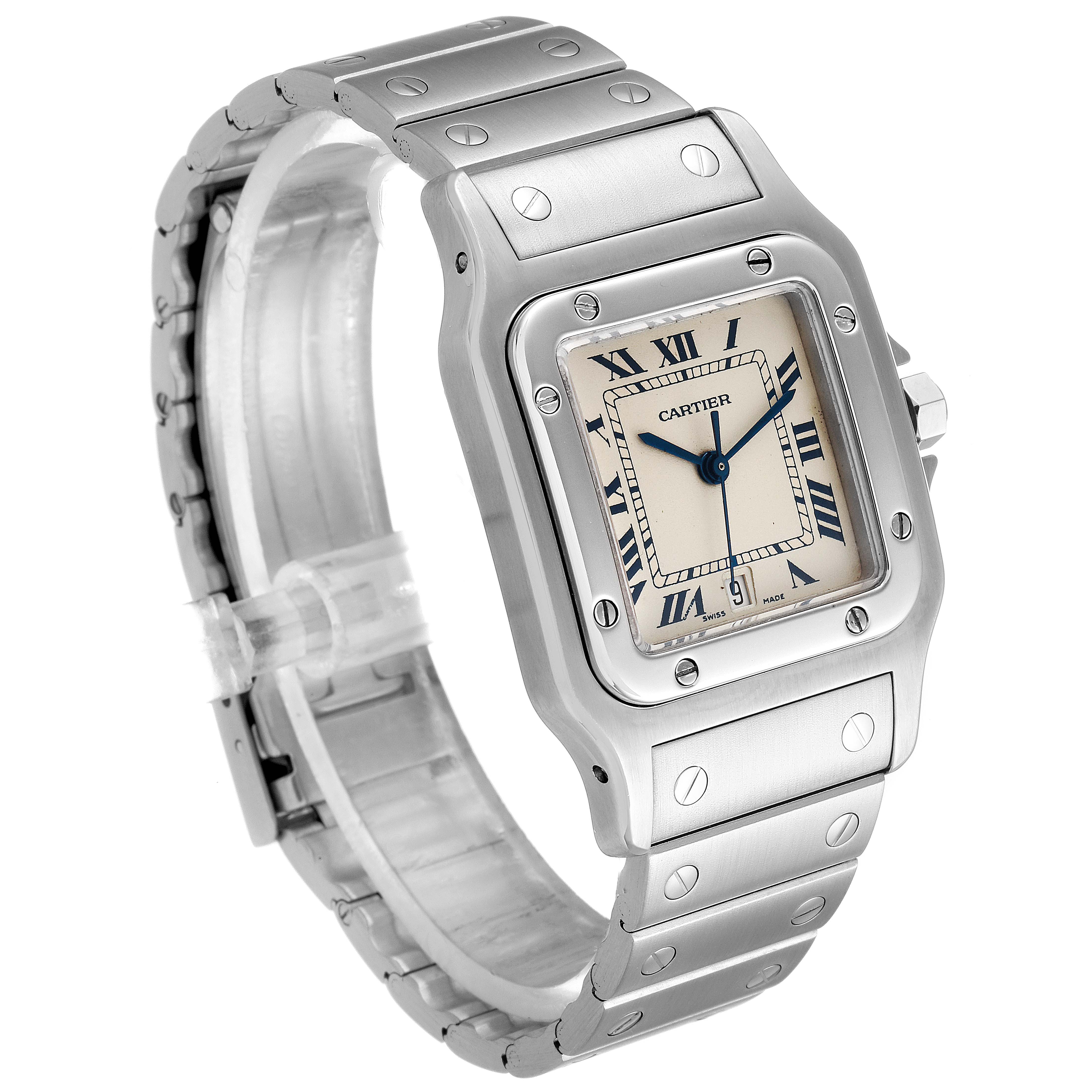 The Cartier Santos 987901 Men's Stainless Steel Silver Dial 987901 Men's Stainless Steel Silver Dial watch is shown in a side and front angle, highlighting its case, bracelet, and face with Roman numerals.