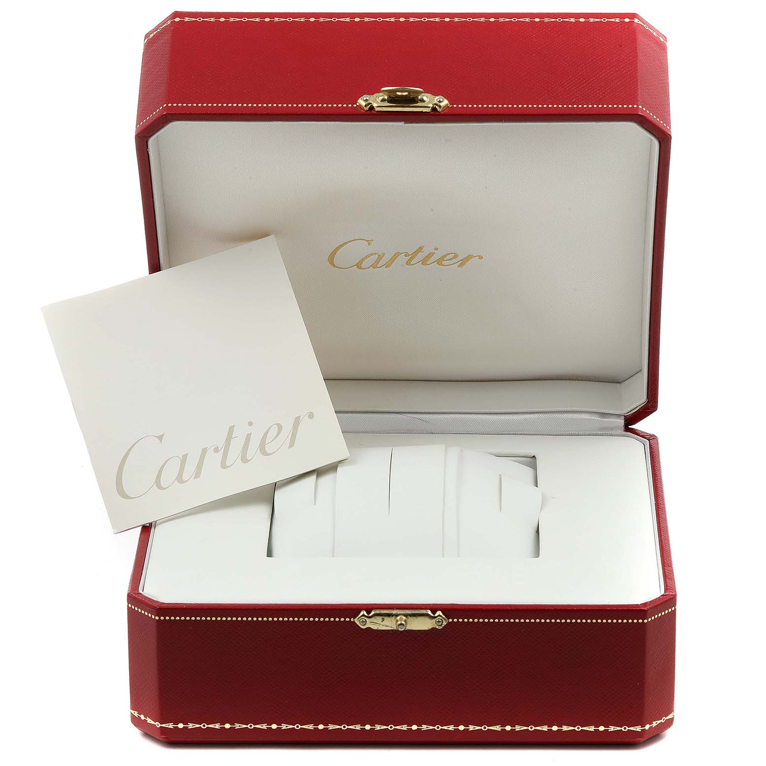 The image showcases a Cartier Santos 987901 Men's Stainless Steel Silver Dial 987901 Men's Stainless Steel Silver Dial watch box with an open lid and a manual inside.