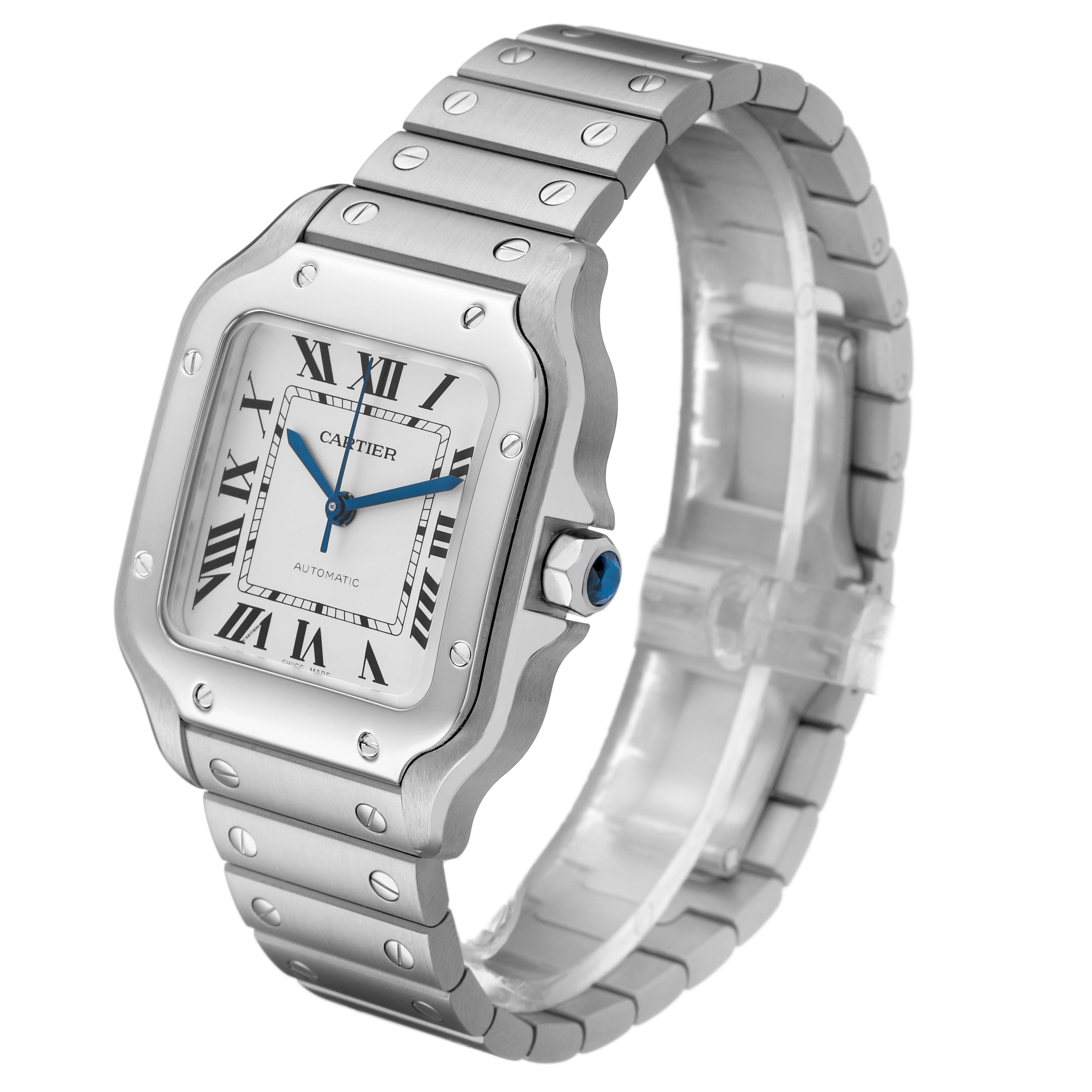 The Cartier Santos WSSA0029 Men's Stainless Steel Silver Dial watch is shown at an angle highlighting its stainless steel case, Roman numeral dial, and bracelet.