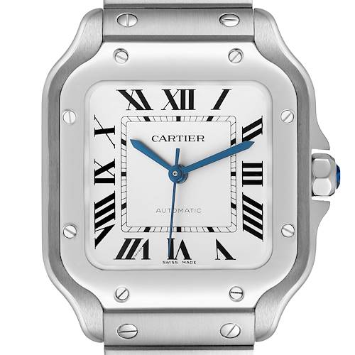 The image shows a front view of the Cartier Santos WSSA0029 Men's Stainless Steel Silver Dial watch, highlighting the bezel, face, and crown.