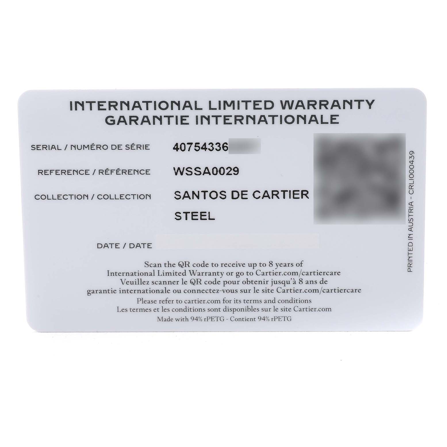 The image shows an International Limited Warranty card for the Santos de Cartier model, including serial, reference, and collection details.