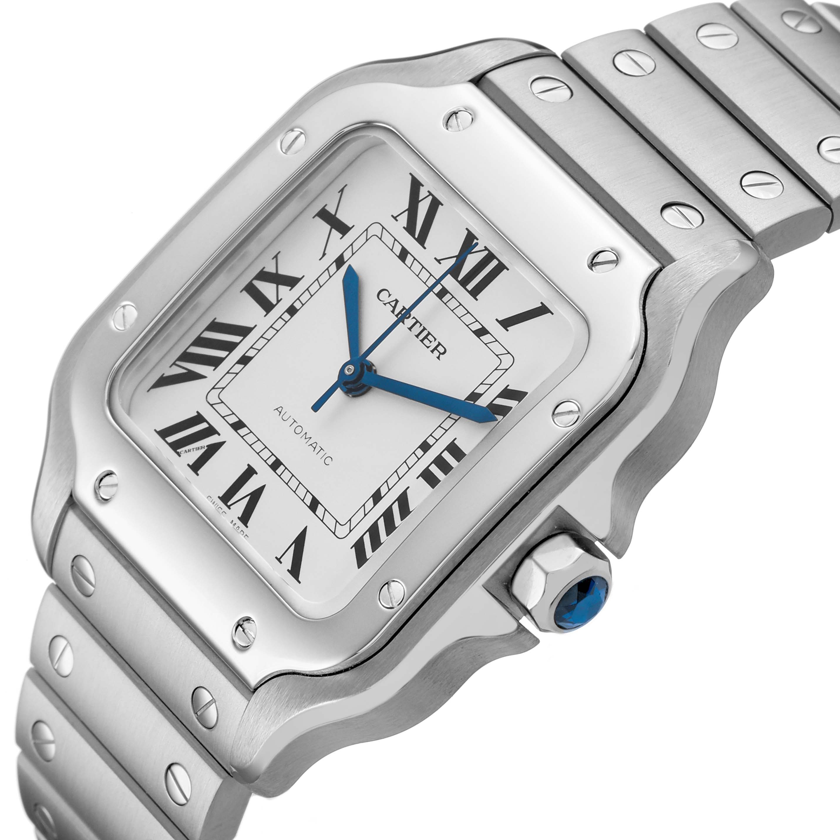 The Cartier Santos WSSA0029 Men's Stainless Steel Silver Dial watch is shown at an angled close-up, highlighting its bezel, dial, crown, and part of the bracelet.