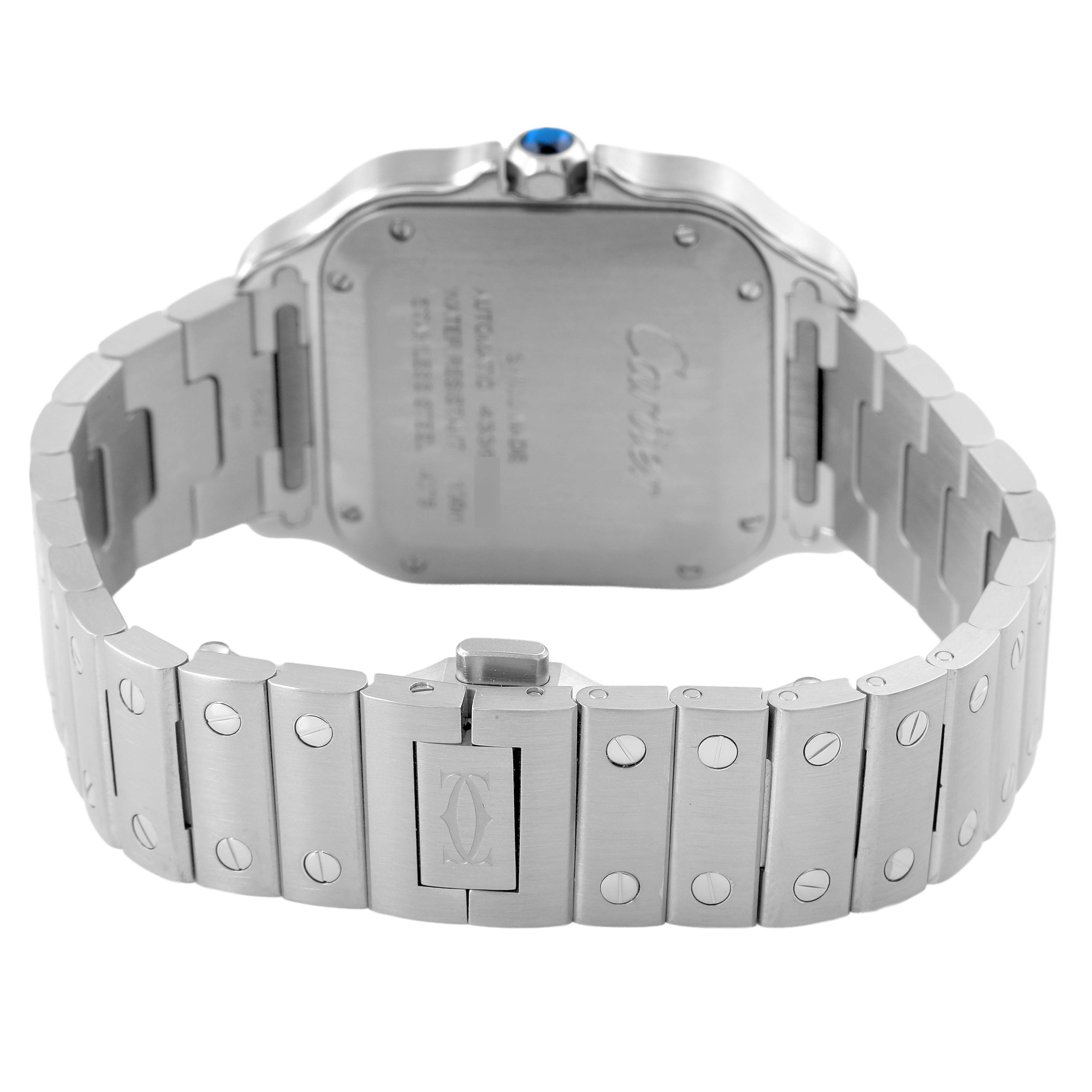 The image shows the back and clasp of a Cartier Santos WSSA0029 Men's Stainless Steel Silver Dial watch, highlighting the bracelet and caseback details.