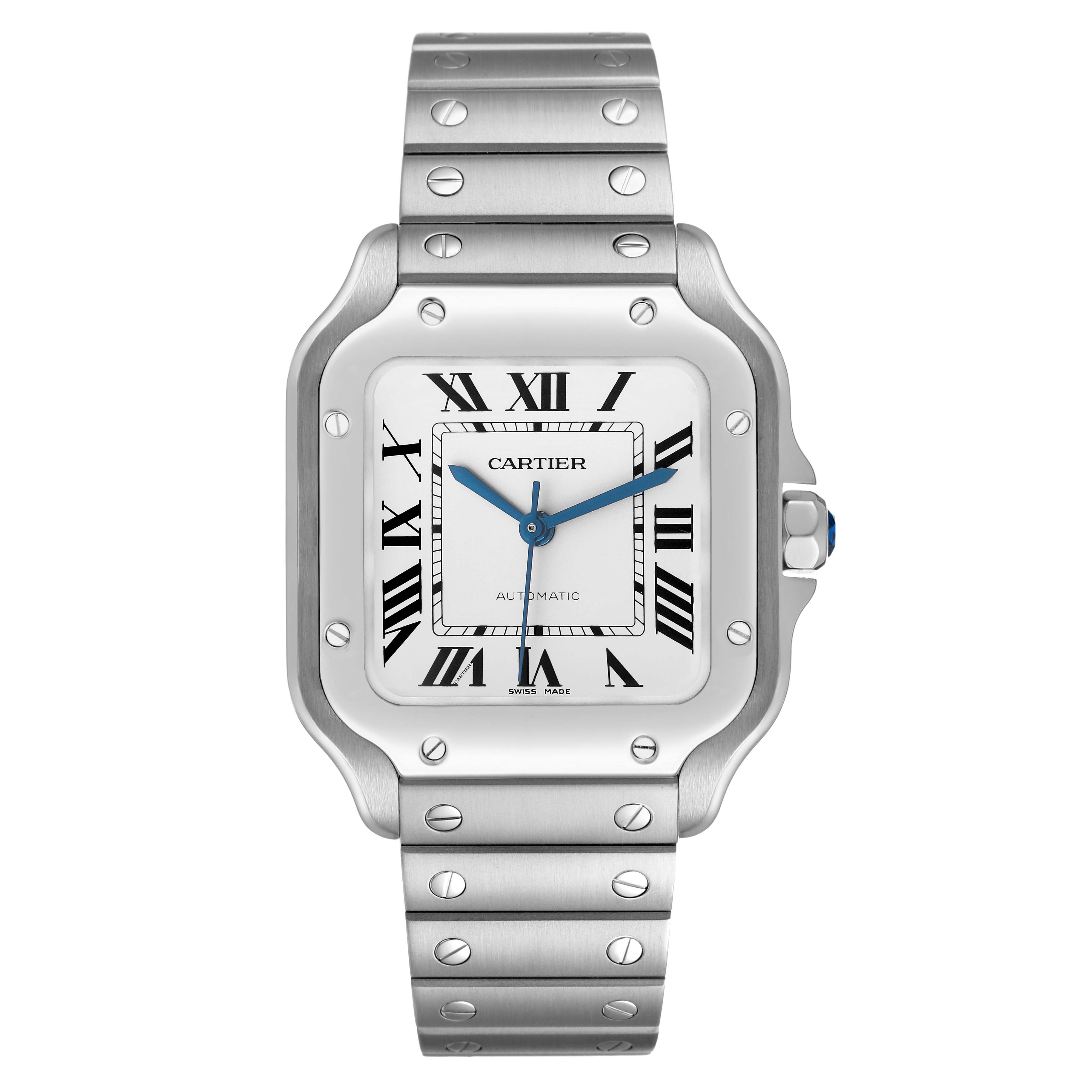 The Cartier Santos WSSA0029 Men's Stainless Steel Silver Dial watch is shown from the front, displaying its dial, bezel, crown, and metal bracelet.