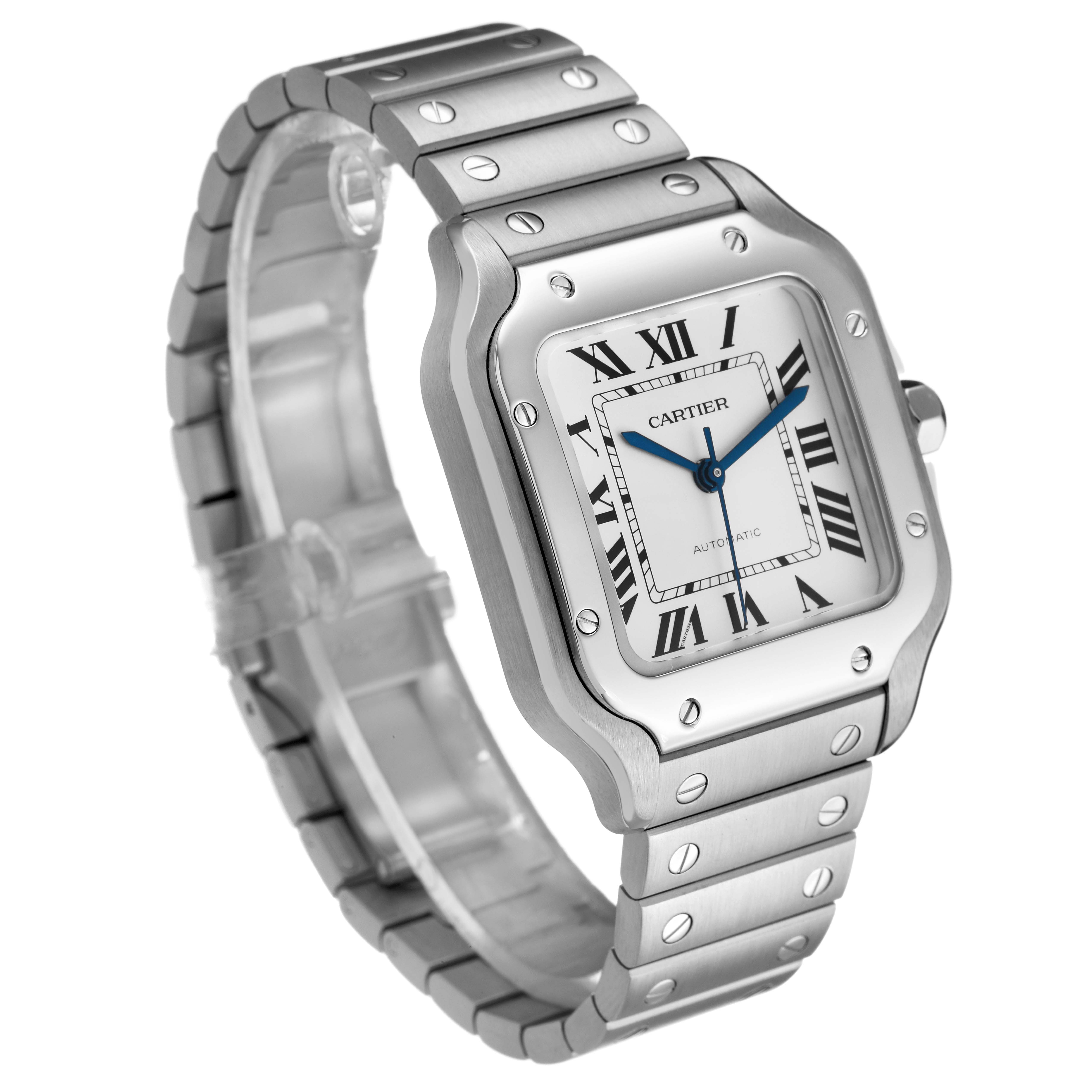 The Cartier Santos WSSA0029 Men's Stainless Steel Silver Dial watch is shown at an angle highlighting the front face, bezel, Roman numerals, and bracelet.