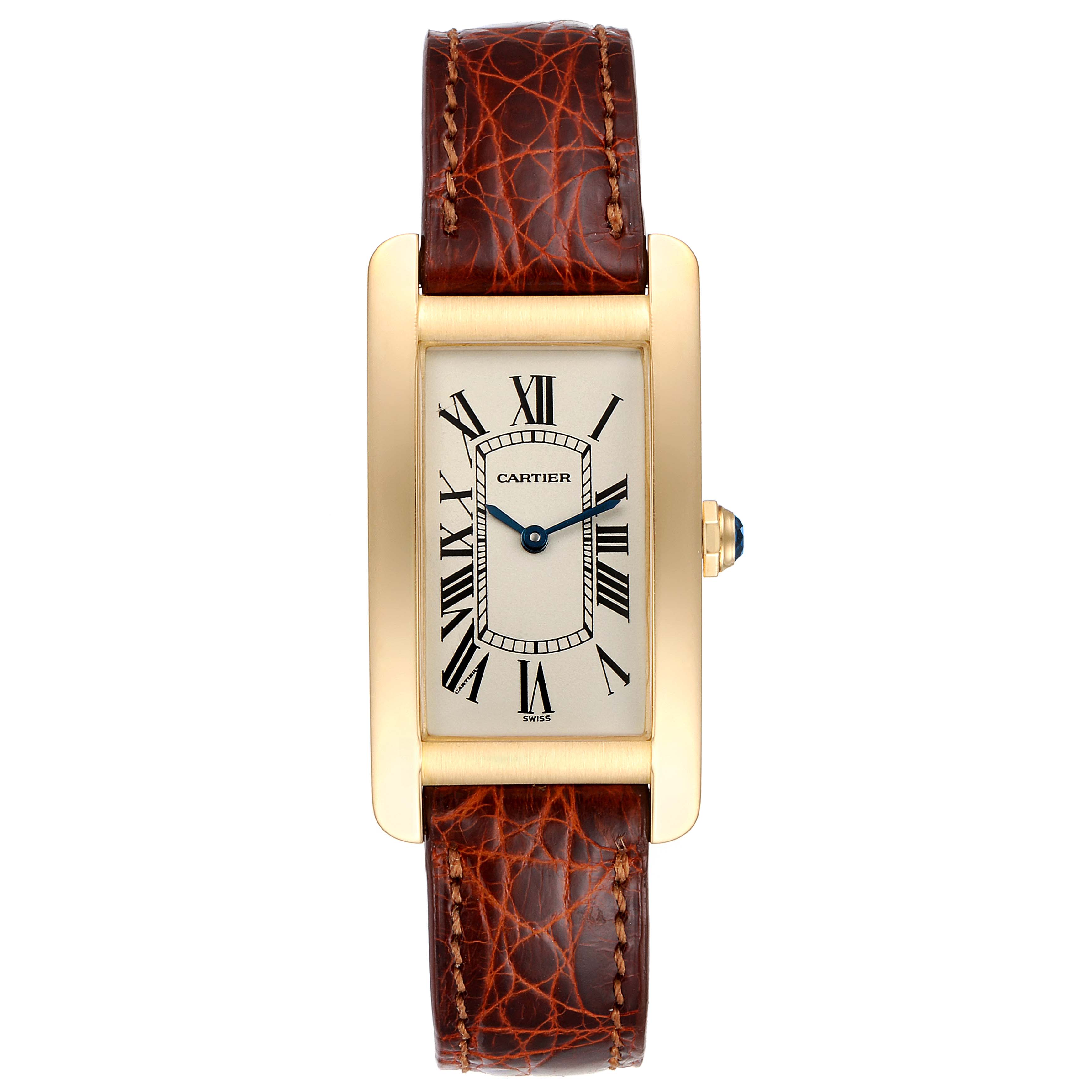 The image shows a frontal view of the Cartier Tank Americaine W2601456 Men's Yellow Gold Silver Dial W2601456 Men's Yellow Gold Silver Dial watch, displaying its rectangular dial, Roman numerals, and leather strap.