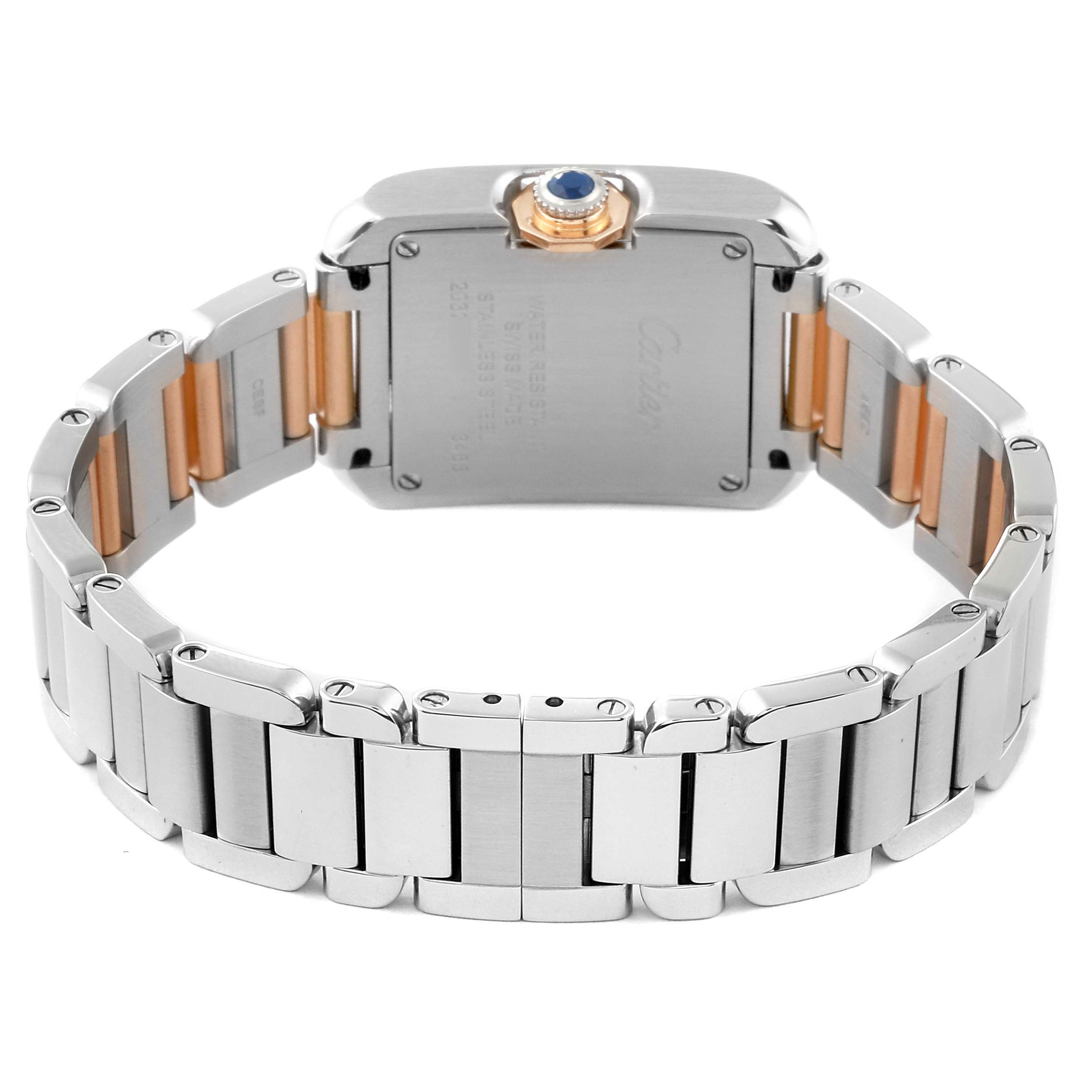 This image showcases the back view of a Cartier Tank Anglaise W5310036 Women's Steel and Gold (two tone) Silver Dial W5310036 Women's Steel and Gold (two tone) Silver Dial watch, highlighting its bracelet and case back.