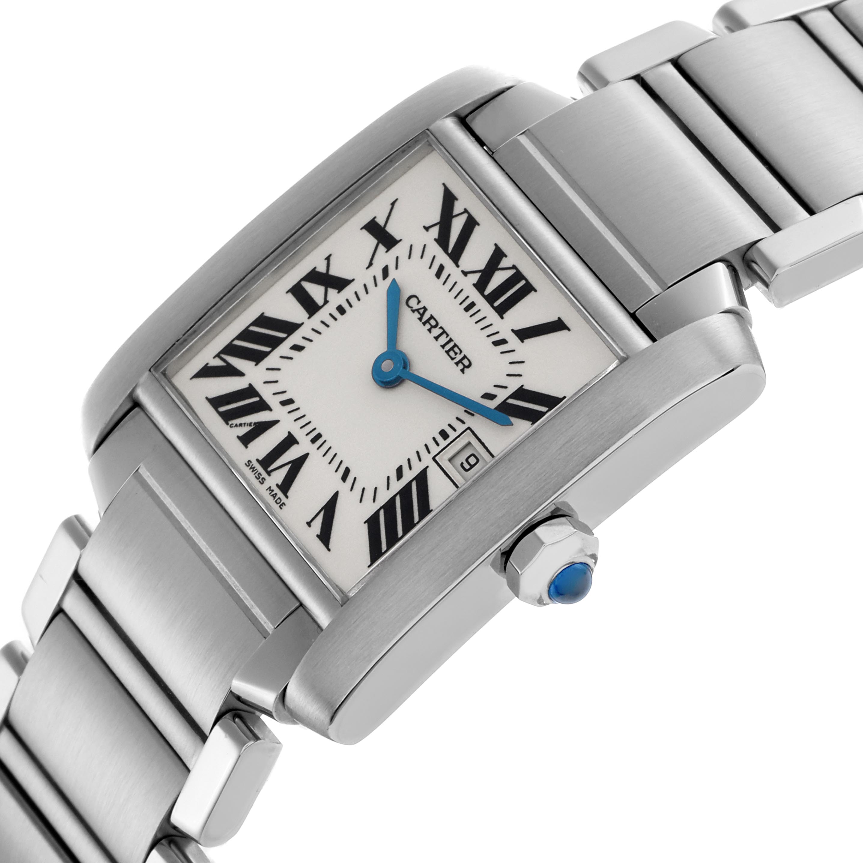 The Cartier Tank Francaise W51011Q3 Women's Stainless Steel Silver Dial W51011Q3 Women's Stainless Steel Silver Dial watch is shown at a diagonal angle, highlighting its square face, Roman numeral dial, crown, and metal bracelet.