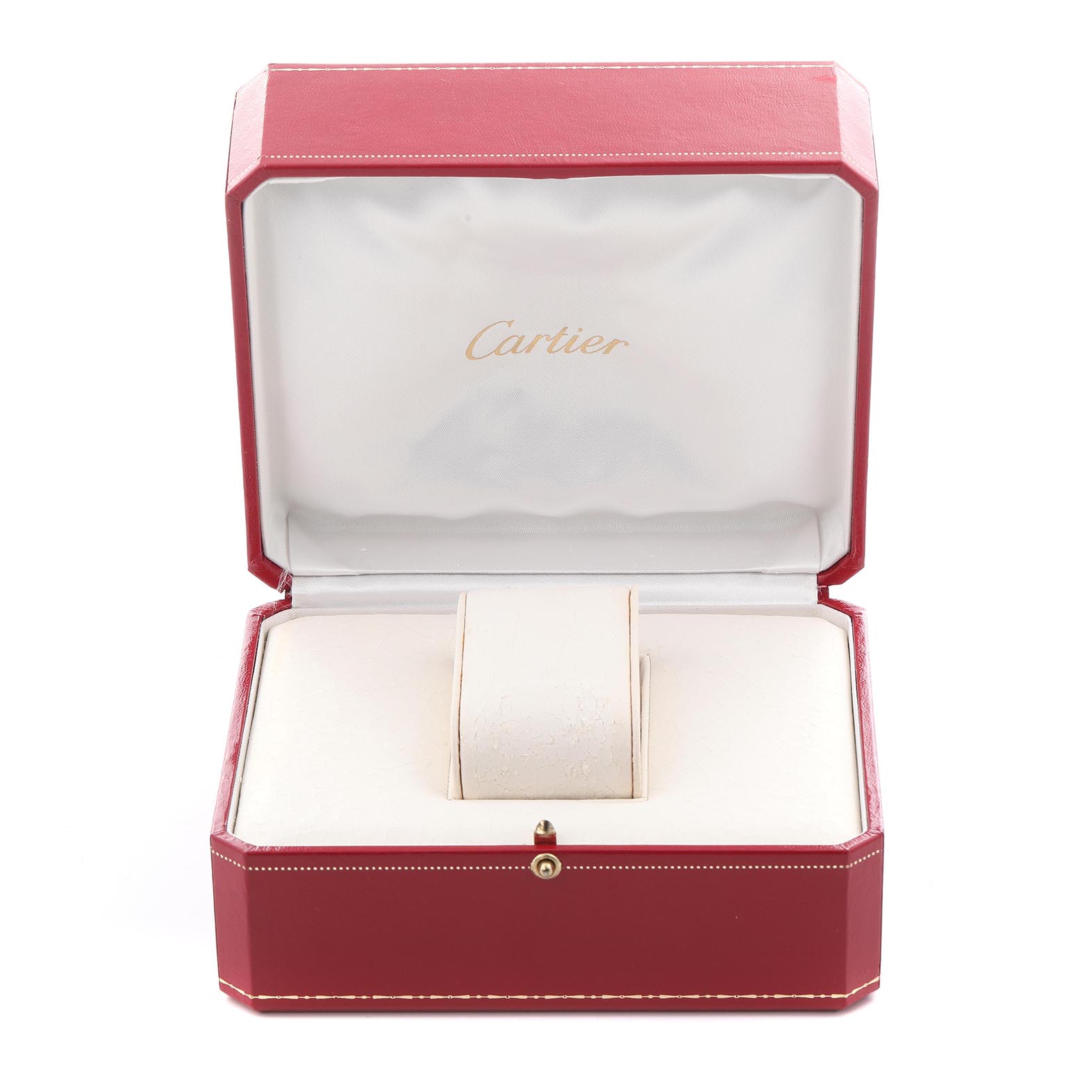 The image shows an open Cartier box for the Tank Française model, featuring the interior cushioning for the watch.