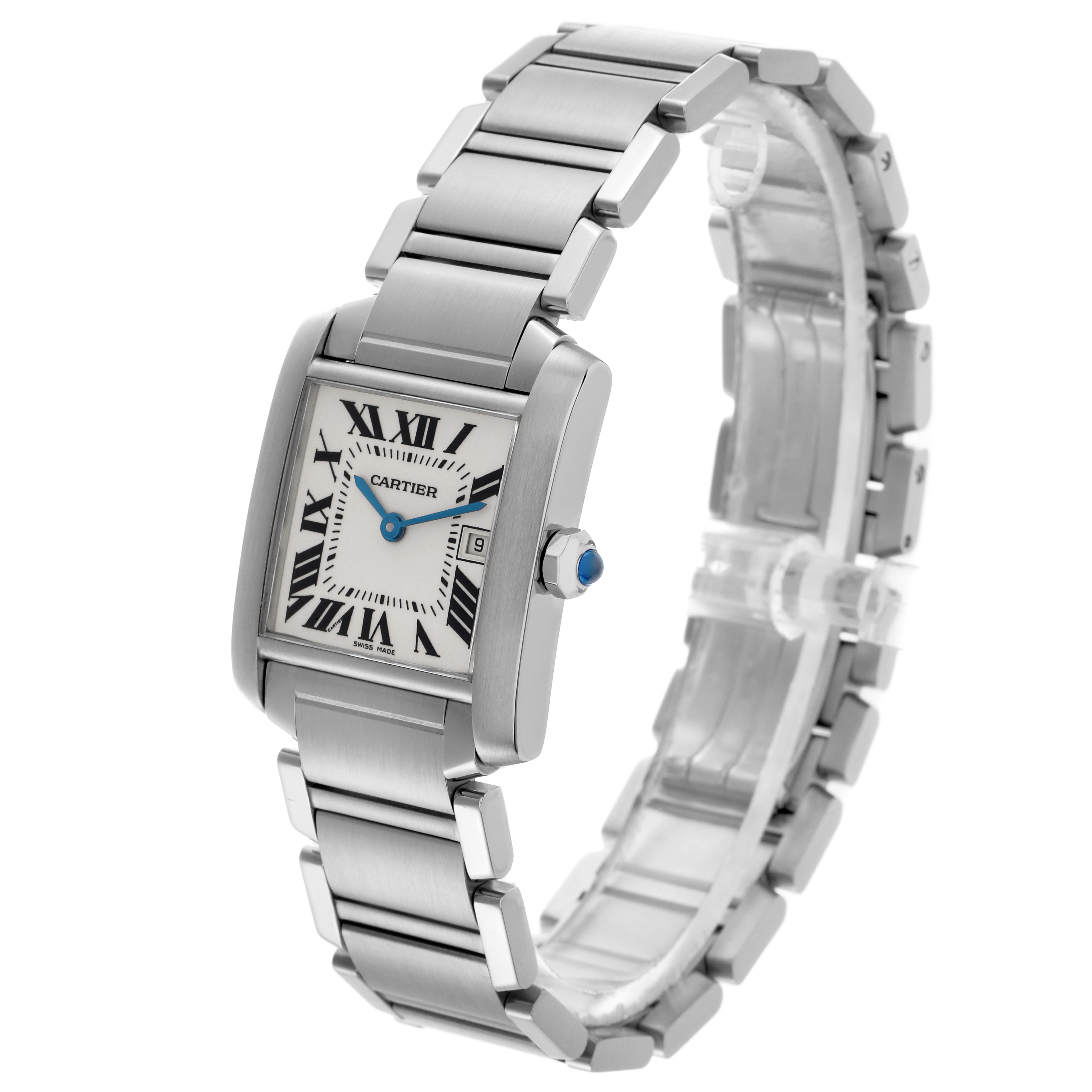 The Cartier Tank Francaise W51011Q3 Women's Stainless Steel Silver Dial W51011Q3 Women's Stainless Steel Silver Dial watch is shown at a three-quarter angle displaying its face, Roman numerals, bracelet, and crown.