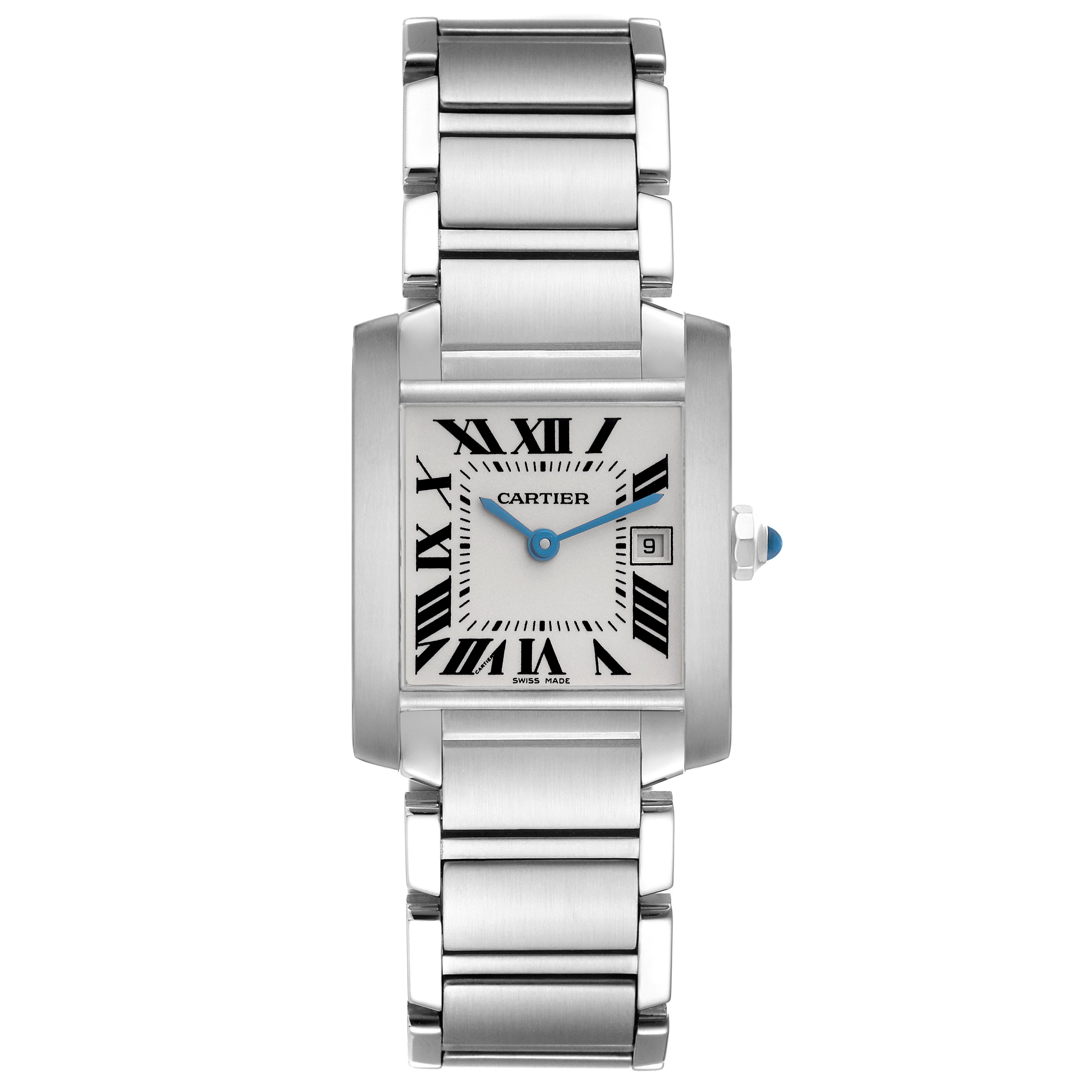 The Cartier Tank Française watch is shown from a front angle, displaying its face, bracelet, and crown.