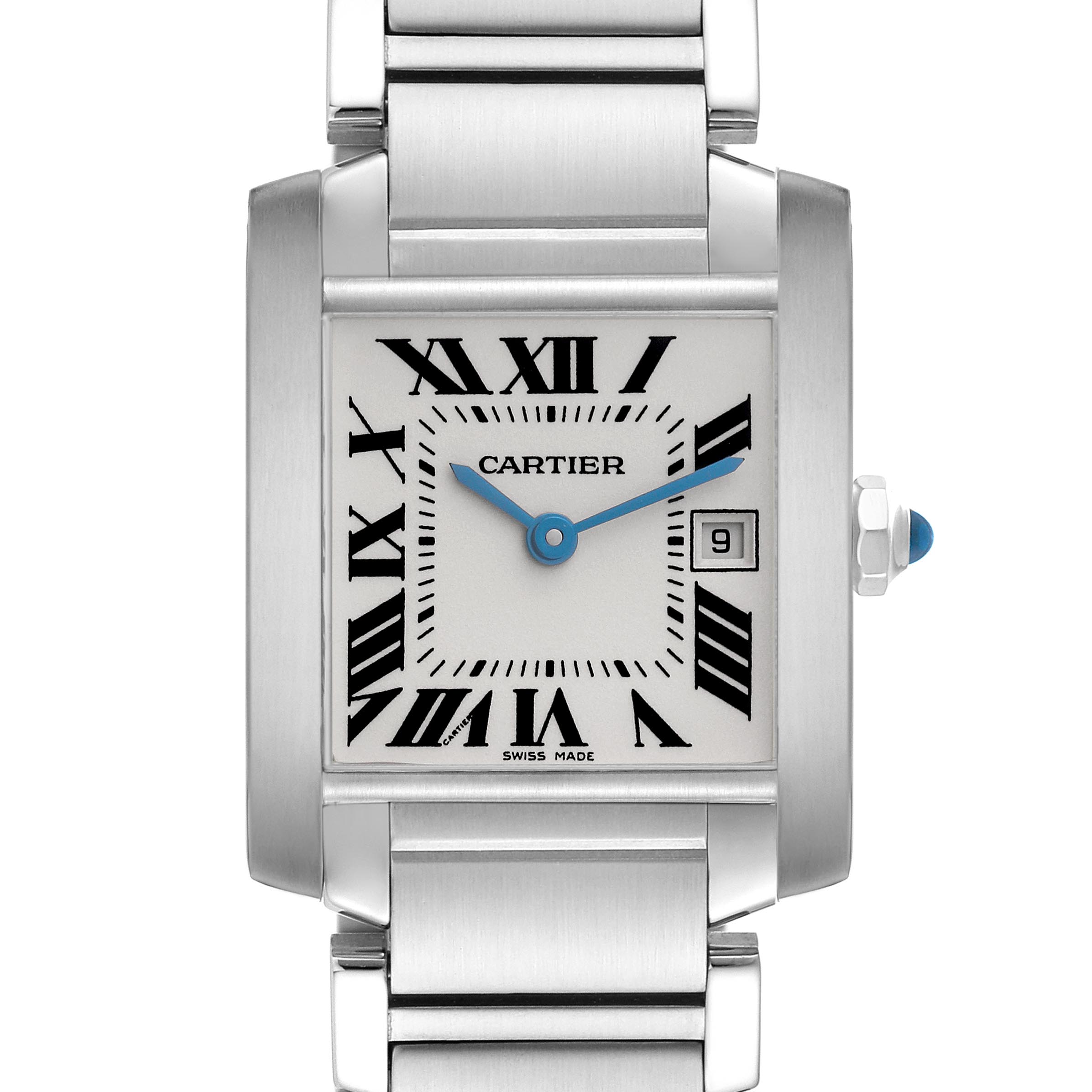 The image shows a frontal view of the Cartier Tank Française watch, highlighting its dial, Roman numerals, and metal bracelet.