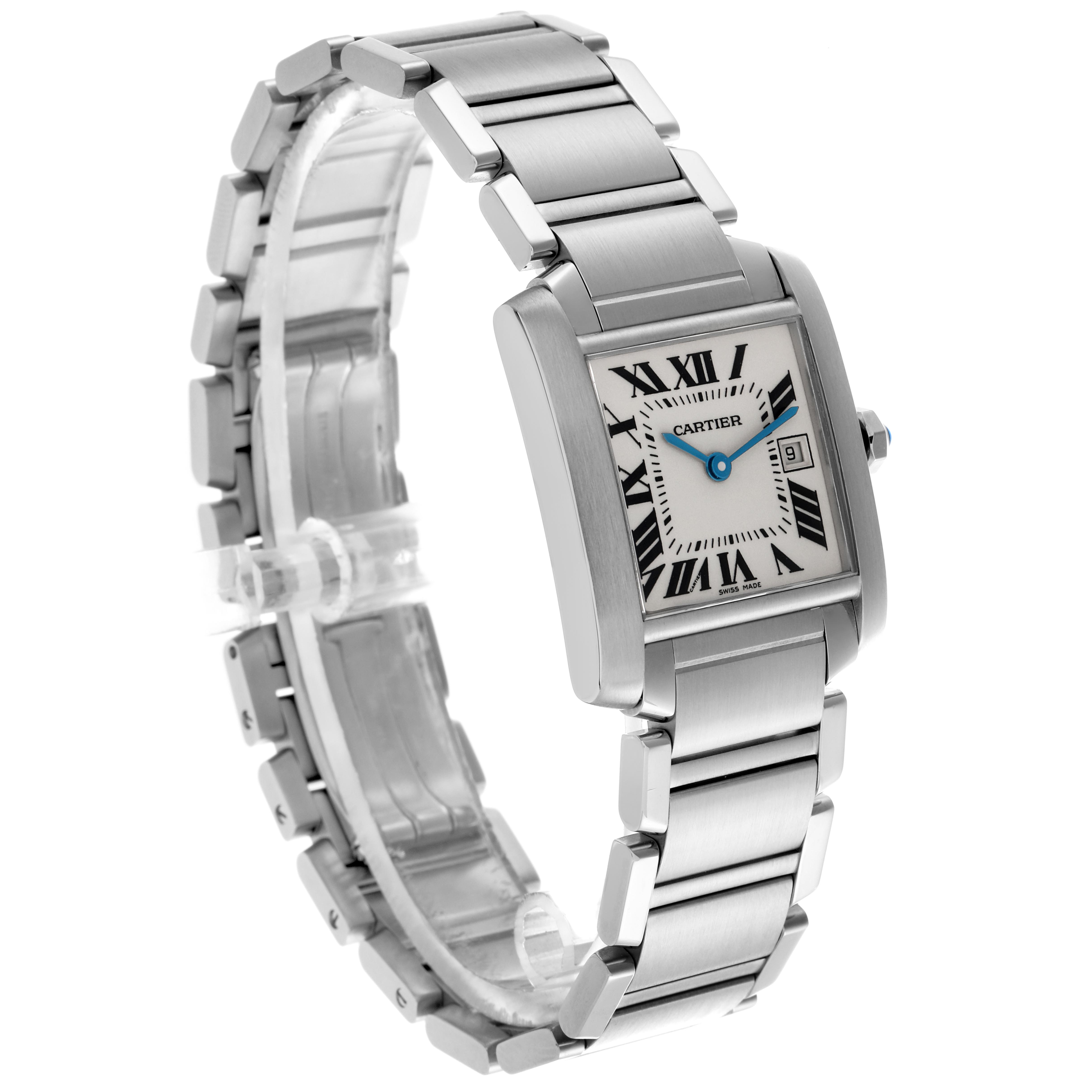 The Cartier Tank Francaise W51011Q3 Women's Stainless Steel Silver Dial W51011Q3 Women's Stainless Steel Silver Dial watch is shown at a three-quarter angle, highlighting the face, Roman numerals, bracelet, and side profile.