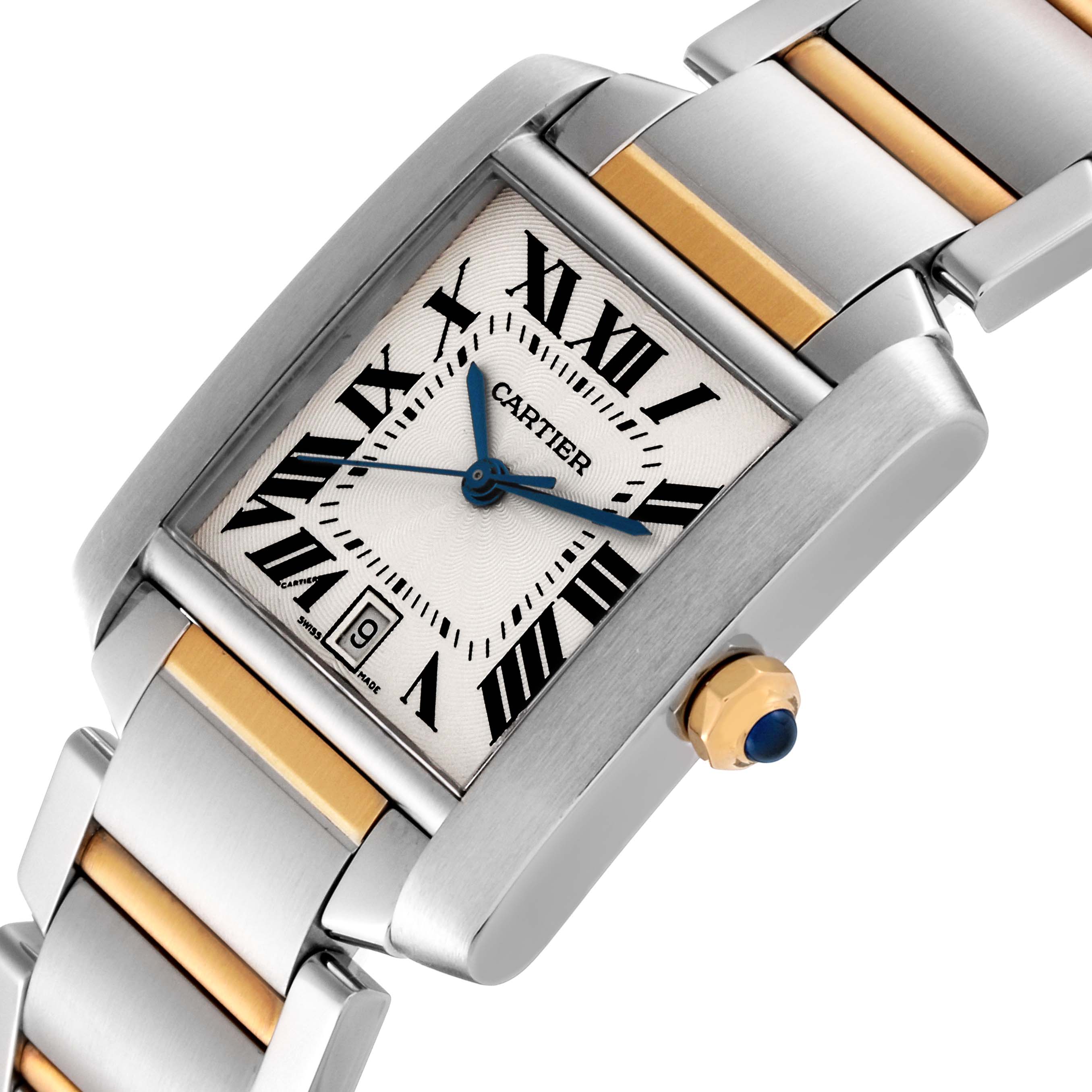 This image shows a close-up of the face, bezel, and part of the bracelet of a Cartier Tank Française watch.