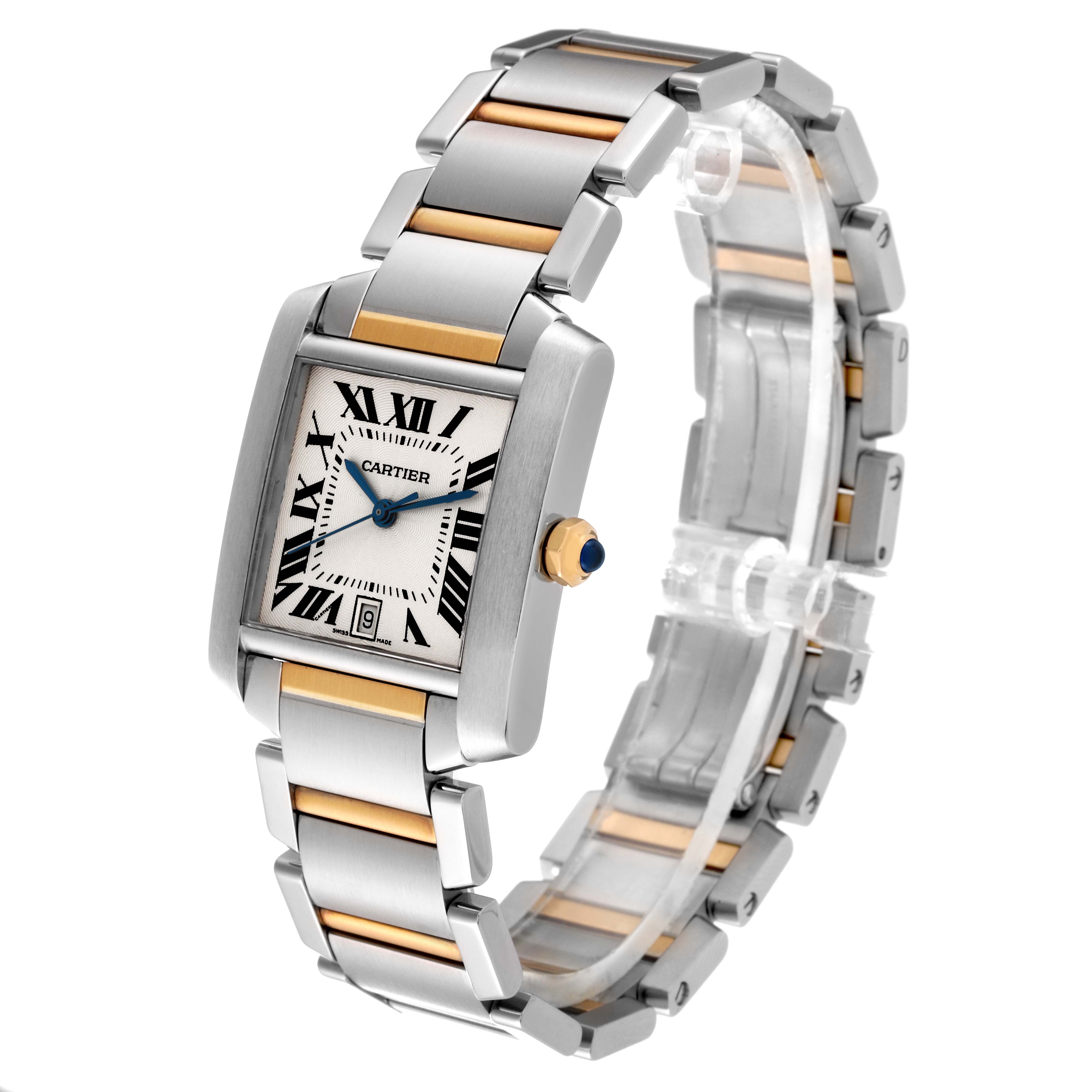 The image shows a Cartier Tank Francaise W51005Q4 Men's Steel and Gold (two tone) Silver Dial W51005Q4 Men's Steel and Gold (two tone) Silver Dial watch at a three-quarter angle, highlighting its face, bracelet, and side crown.